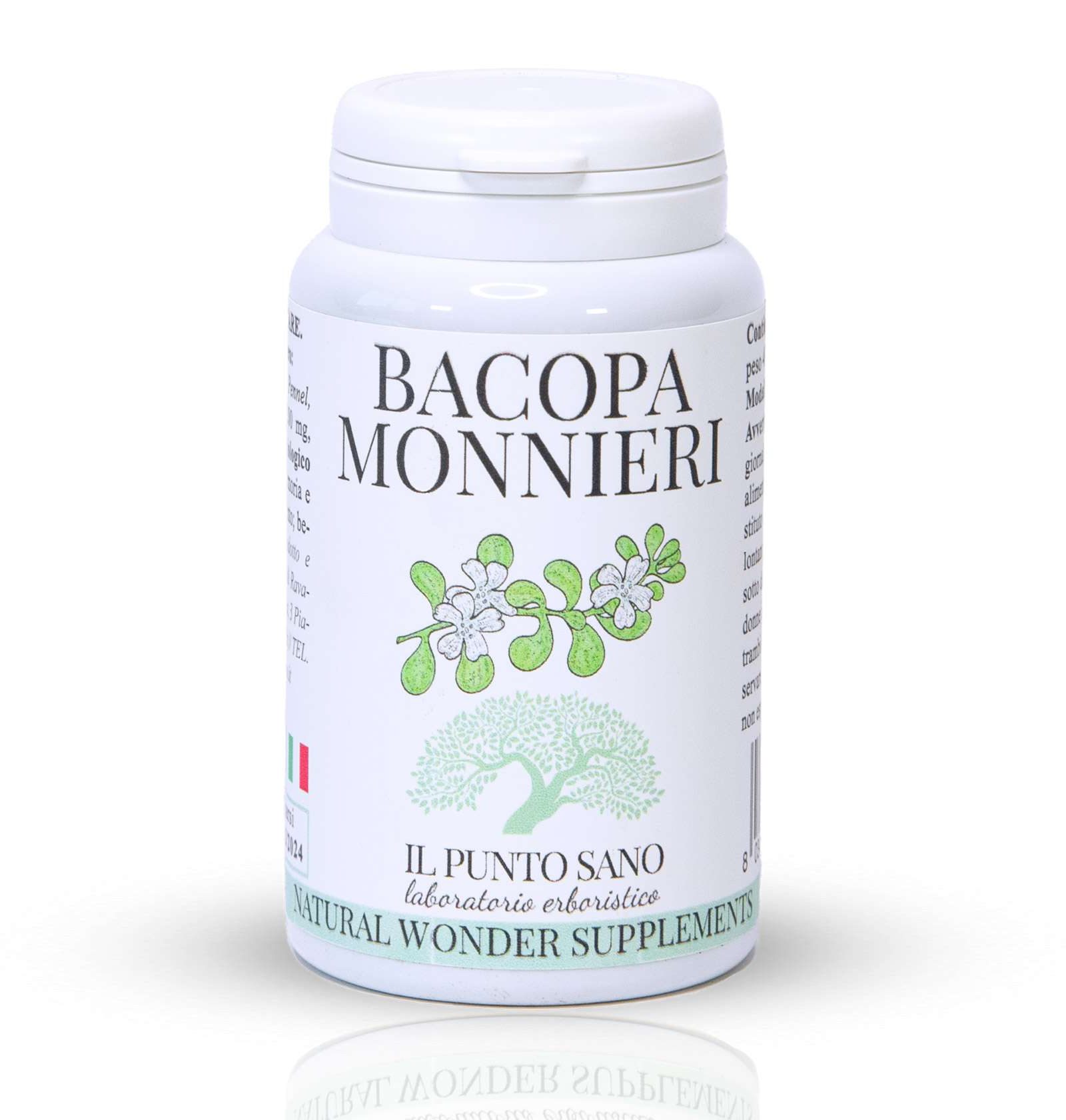 Integratore Bacopa Monnieri - Potenziamento della Memoria e Riduzione dell'Ansia Bottiglia di integratore Bacopa Monnieri per migliorare la memoria e ridurre l'ansia