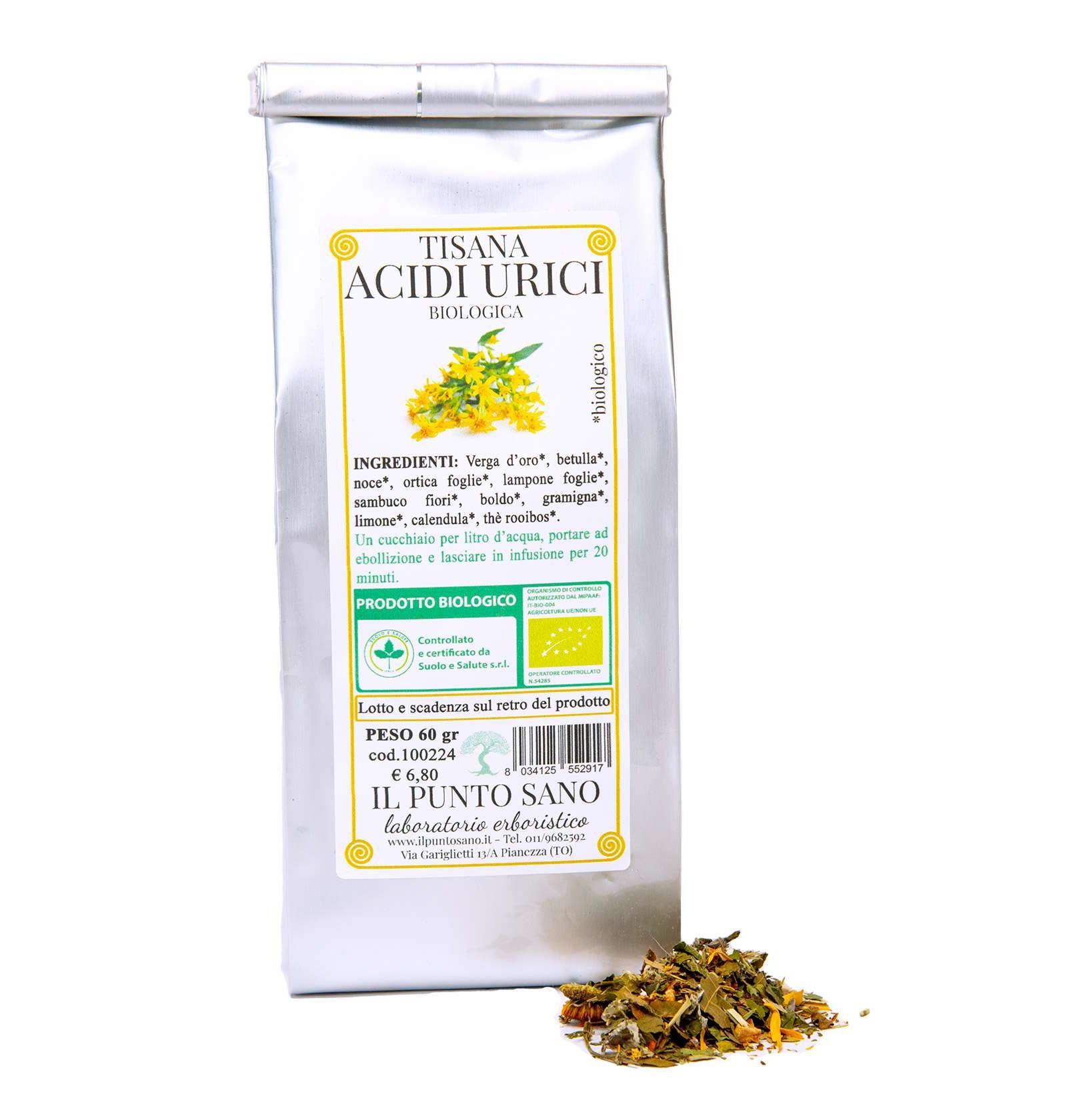 Tisana Acidi Urici - Rimedio Naturale per il Benessere Una tazza fumante di "Tisana Acidi Urici" circondata dagli ingredienti naturali utilizzati nella sua preparazione, come foglie di betulla, fiori di sambuco e limone.