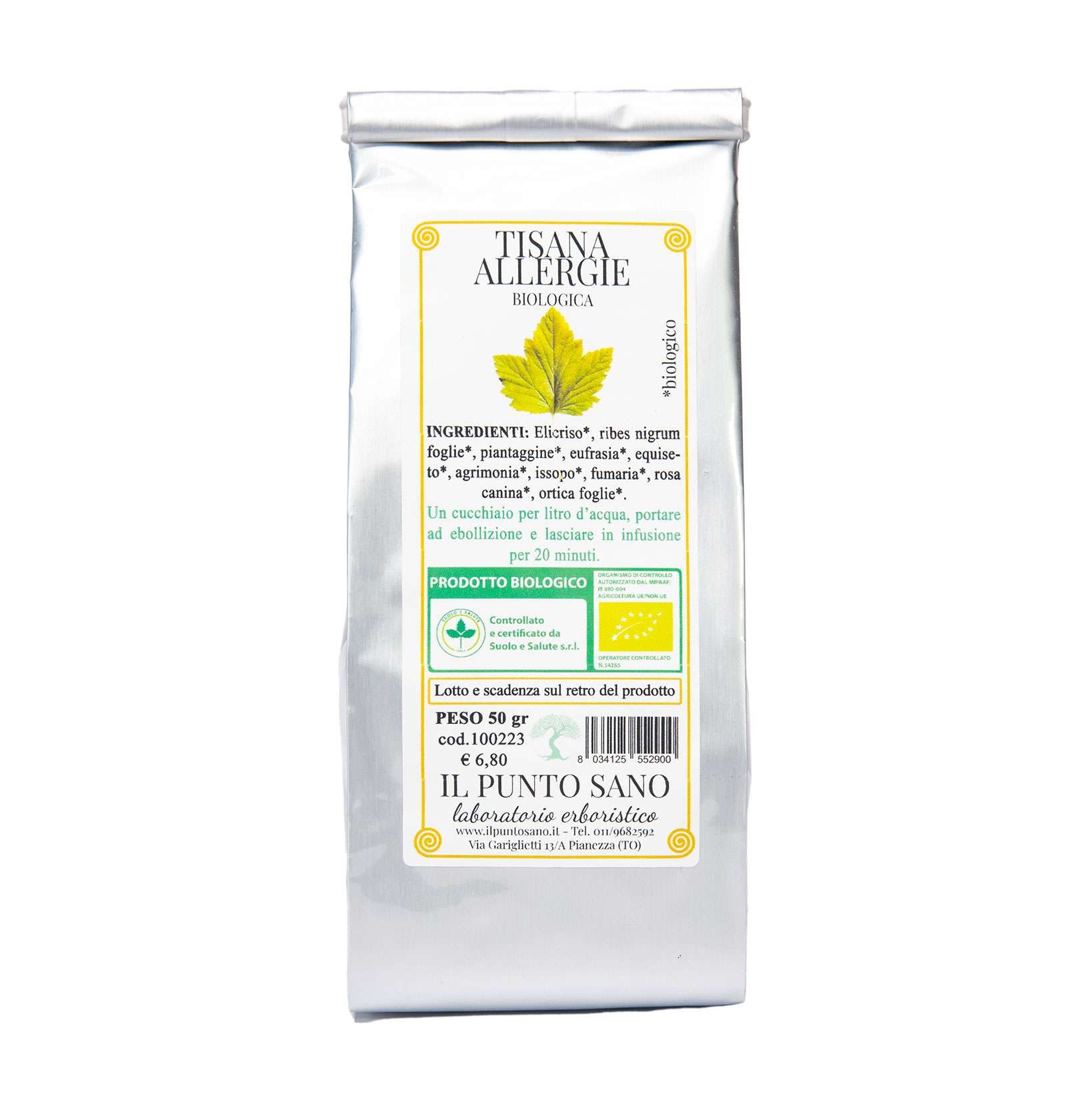 Tisana Allergie - Un Rimedio Naturale Una confezione di "Tisana Allergie" con un mix di erbe officinali.