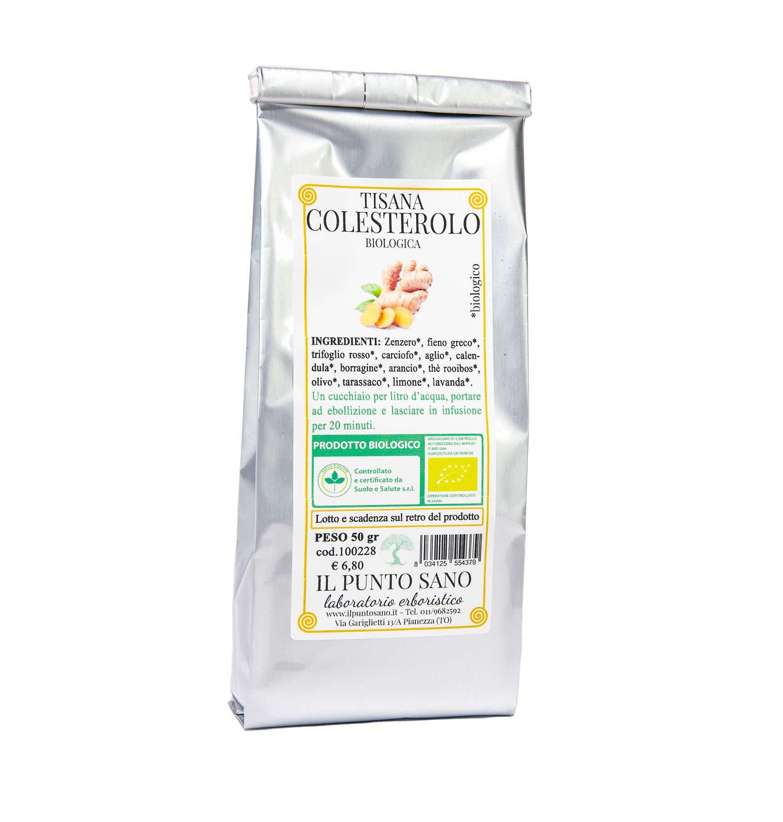 Tisana Colesterolo - Bevanda Salutare per il Benessere Cardiovascolare Una tazza di "Tisana Colesterolo" circondata da ingredienti naturali utilizzati nella miscela.
