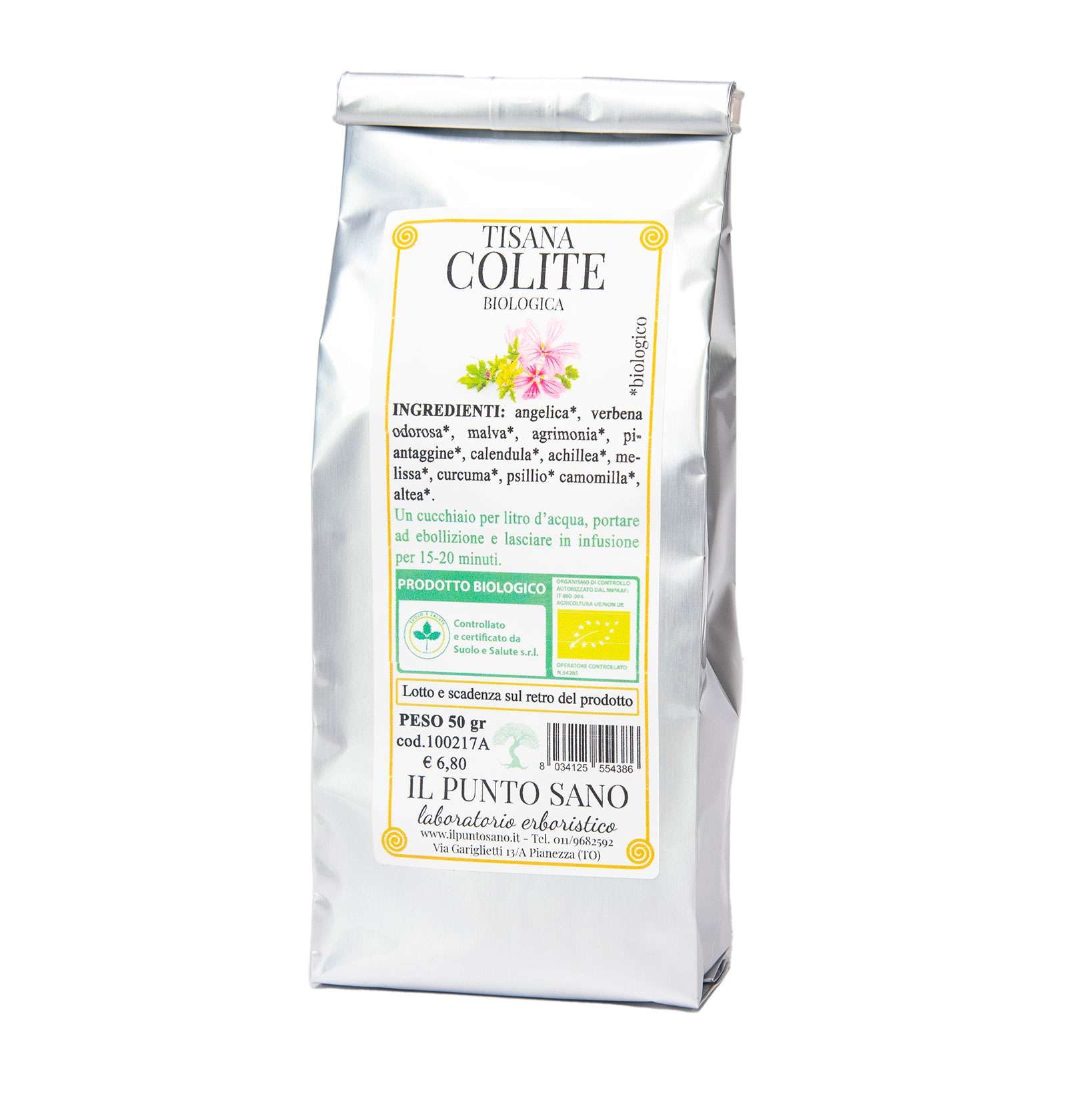 Tisana Colite - Rimedio Naturale per il Benessere Intestinale Una tazza di "Tisana Colite" circondata da ingredienti naturali utilizzati nella miscela.
