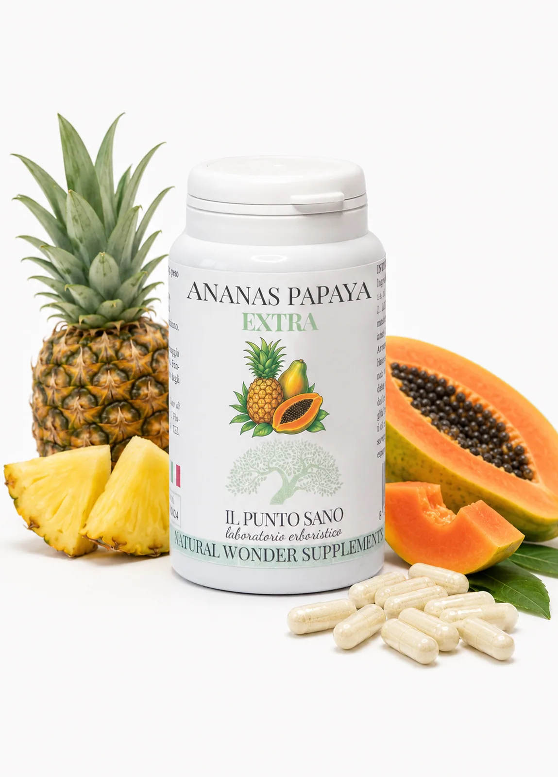 Ananas Papaya Extra Il Punto Sano con ananas, papaya e capsule vegetali, immagine prodotto naturale per e-commerce.