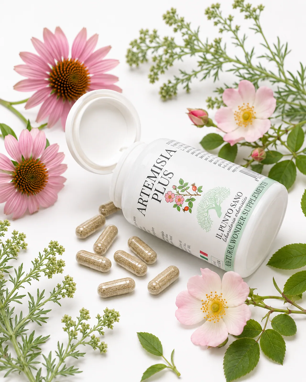Artemisia Plus con Erbe Officinali Naturali Artemisia Plus Il Punto Sano con capsule vegetali e composizione di erbe officinali e fiori botanici