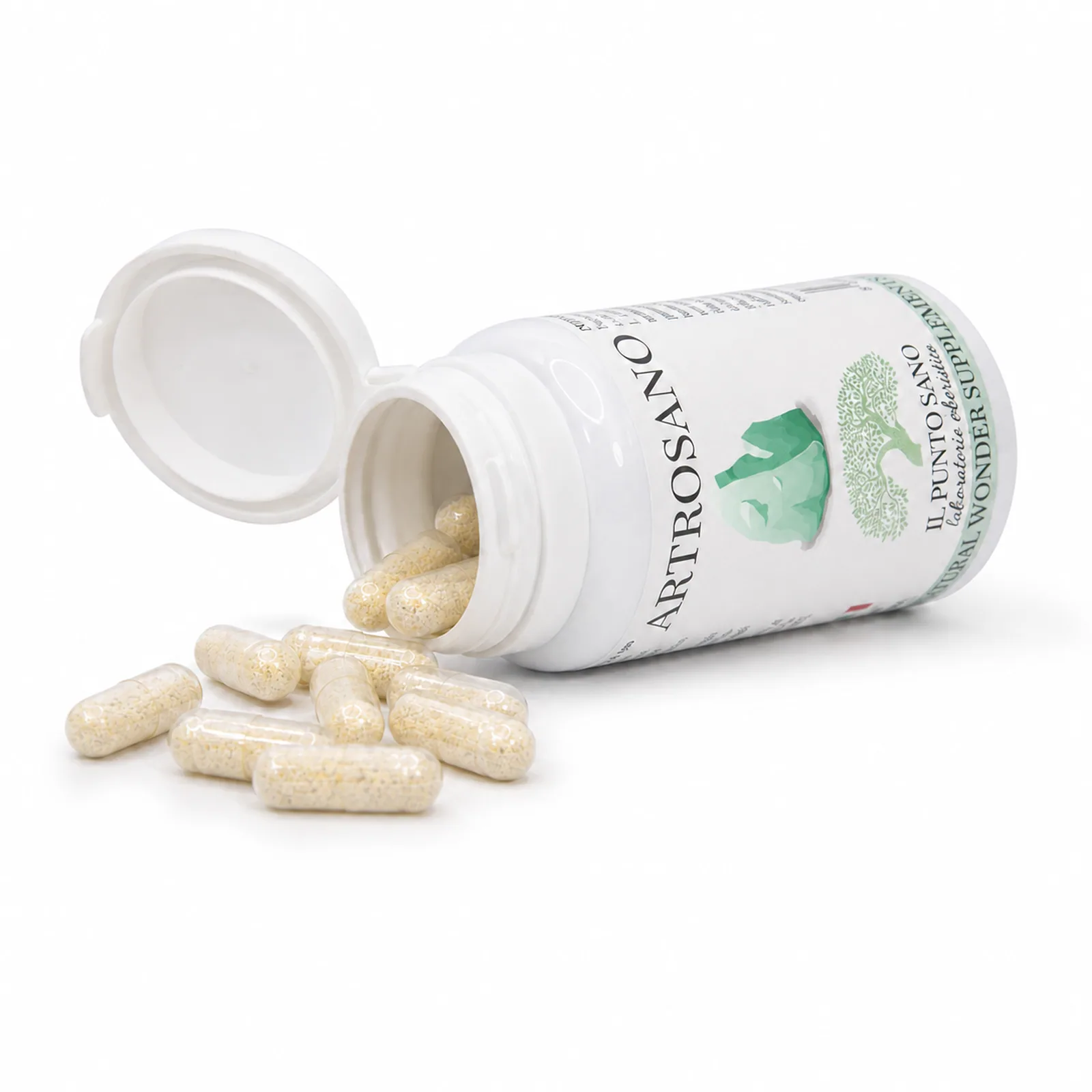 Artrosano – Flacone aperto con capsule vegetali Artrosano Il Punto Sano con flacone aperto e capsule vegetali, integratore alimentare formulato per supportare il benessere articolare, la funzionalità muscolo-scheletrica e la naturale mobilità quotidiana