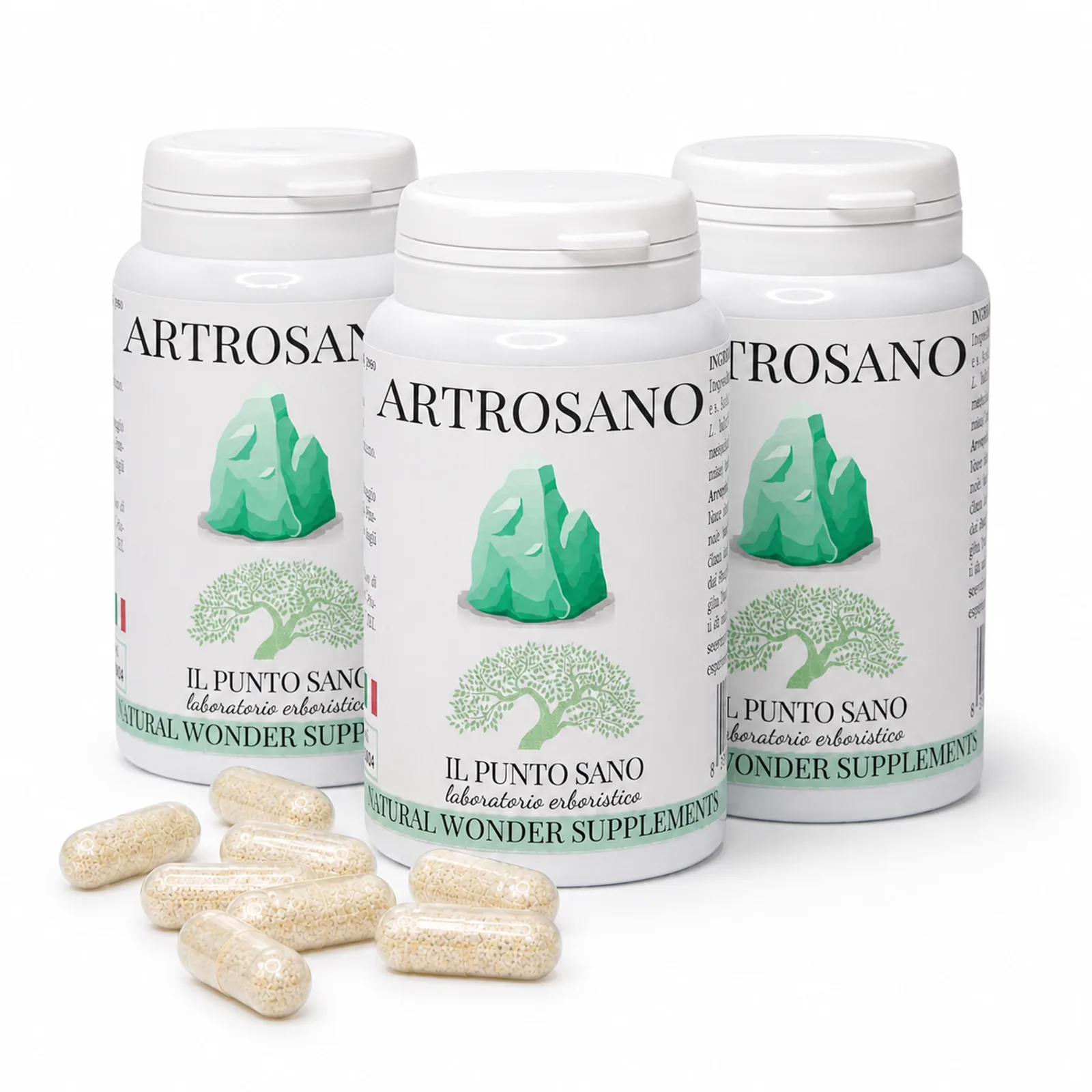 Artrosano – Tre flaconi con capsule vegetali Tre flaconi di Artrosano Il Punto Sano con capsule vegetali in primo piano, integratore alimentare formulato per supportare il benessere articolare, la funzionalità muscolo-scheletrica e la naturale mobilità