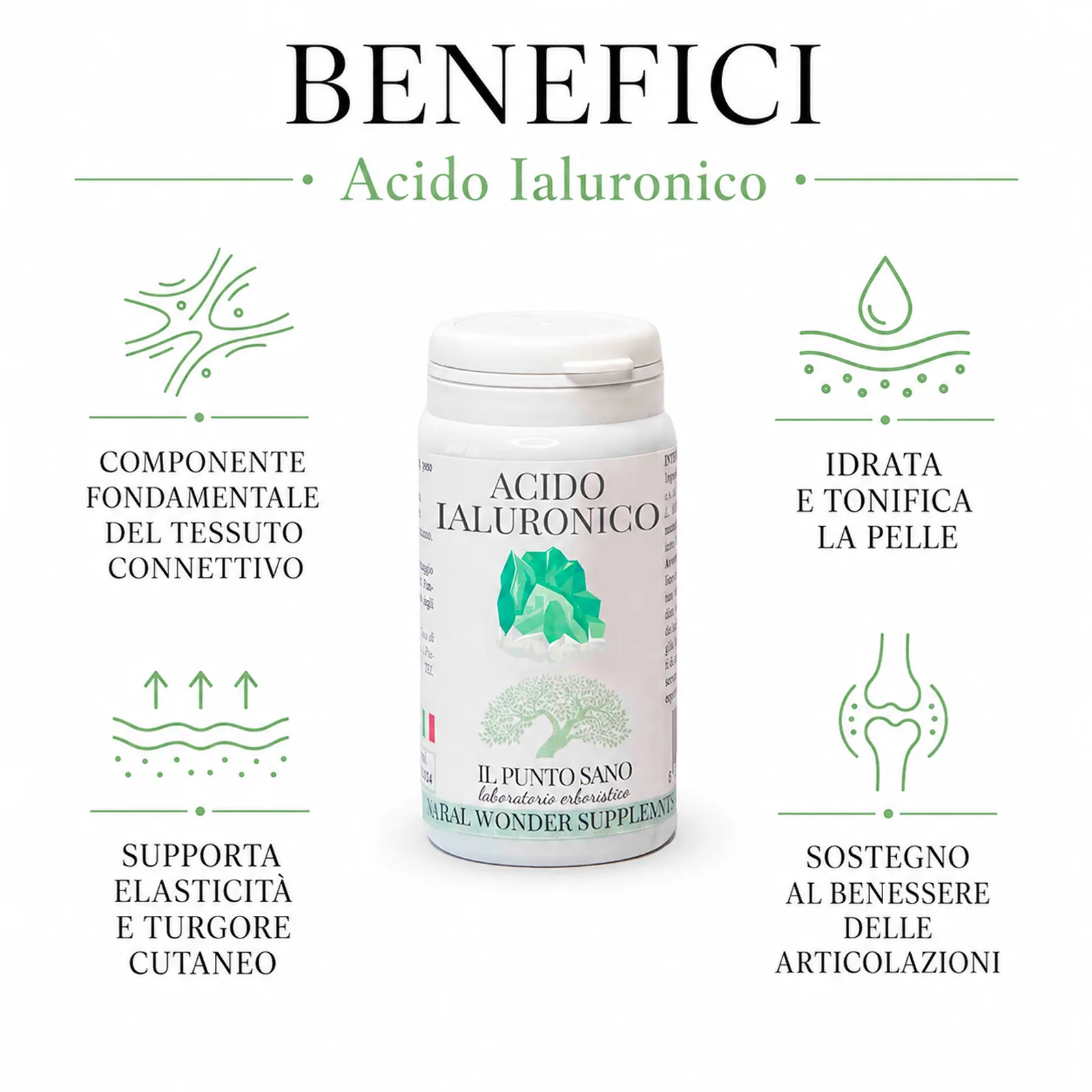 Benefici Acido Ialuronico – Il Punto Sano Benefici dell’Acido Ialuronico Capsule Il Punto Sano per pelle, tessuto connettivo ed articolazioni