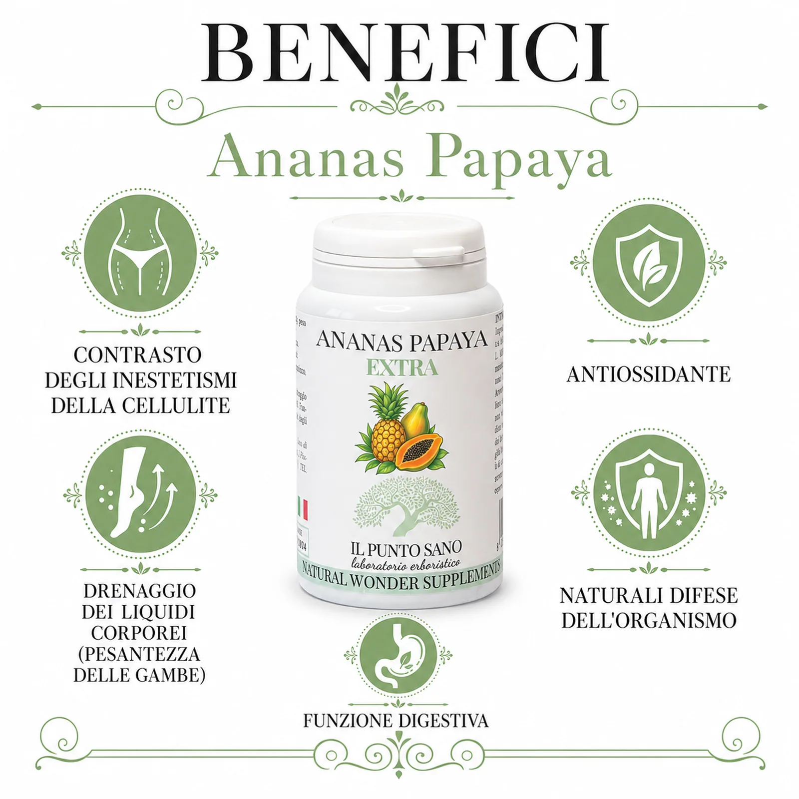 Infografica benefici Ananas Papaya Extra Il Punto Sano con supporto al drenaggio dei liquidi corporei, funzione digestiva, azione antiossidante e sostegno alle naturali difese dell’organismo.