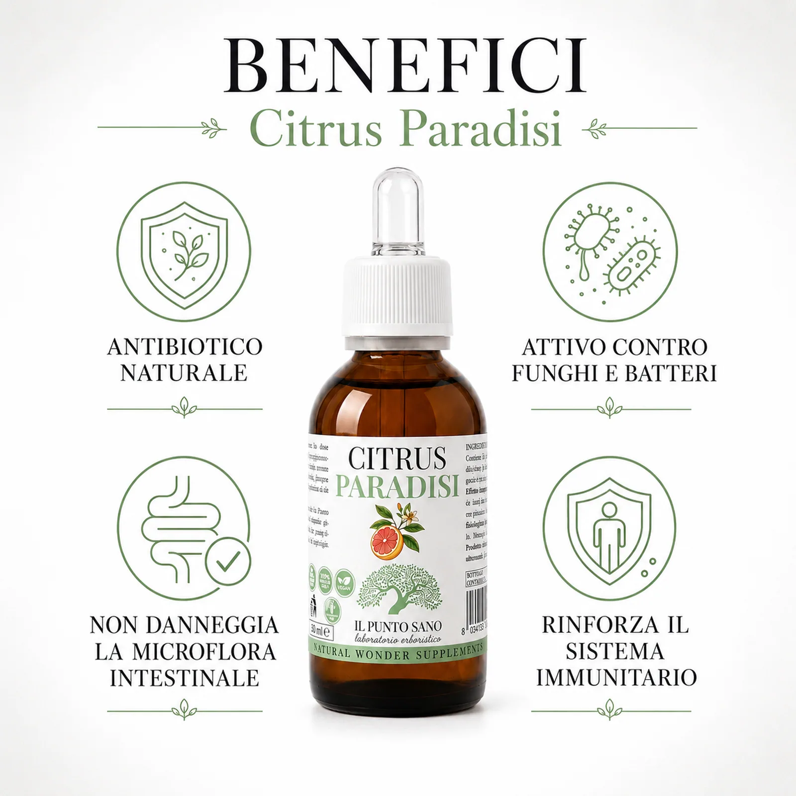 Benefici Citrus Paradisi – Infografica Il Punto Sano Infografica benefici Citrus Paradisi Il Punto Sano con flacone e icone informative