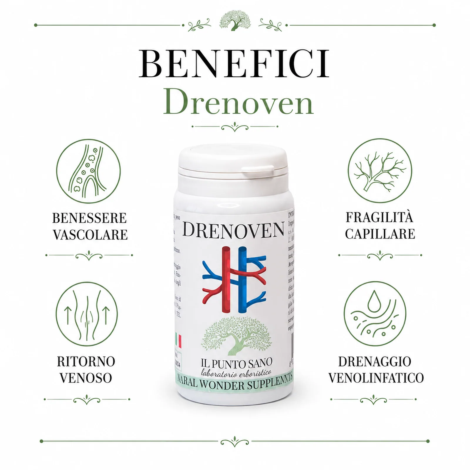 Benefici Drenoven – Il Punto Sano Infografica benefici Drenoven Il Punto Sano per benessere vascolare, fragilità capillare, ritorno venoso e drenaggio venolinfatico