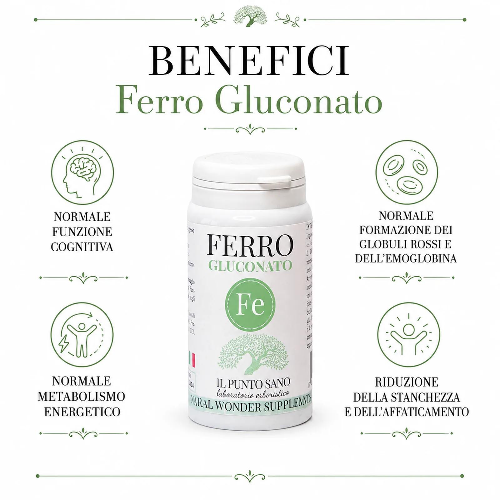 Benefici Ferro Gluconato – Energia, emoglobina e stanchezza Infografica benefici Ferro Gluconato Il Punto Sano: normale funzione cognitiva, normale metabolismo energetico, formazione di globuli rossi ed emoglobina, riduzione di stanchezza e affaticamento.