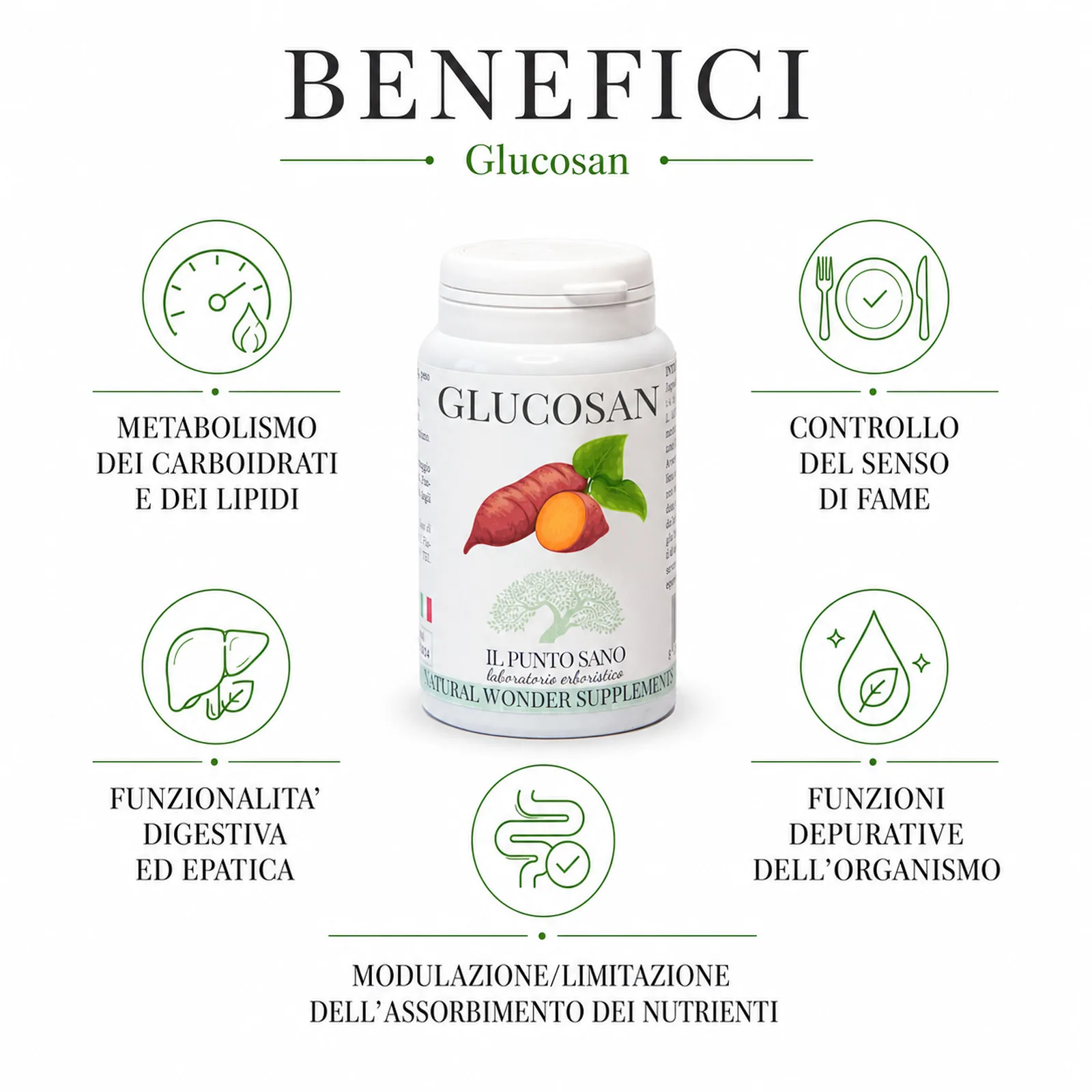 Benefici Glucosan – Metabolismo di carboidrati e lipidi Infografica benefici di Glucosan Il Punto Sano, integratore alimentare con estratti vegetali formulato per supportare il metabolismo di carboidrati e lipidi, il controllo del senso di fame, la funzionalità digestiva ed epatica e le funzioni depurative dell’organismo