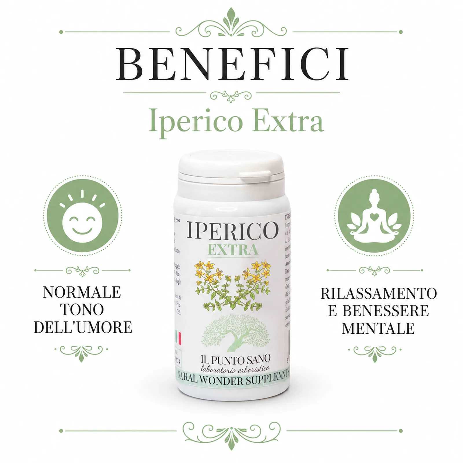 Infografica benefici di Iperico Extra Il Punto Sano con focus su normale tono dell’umore, rilassamento e benessere mentale.