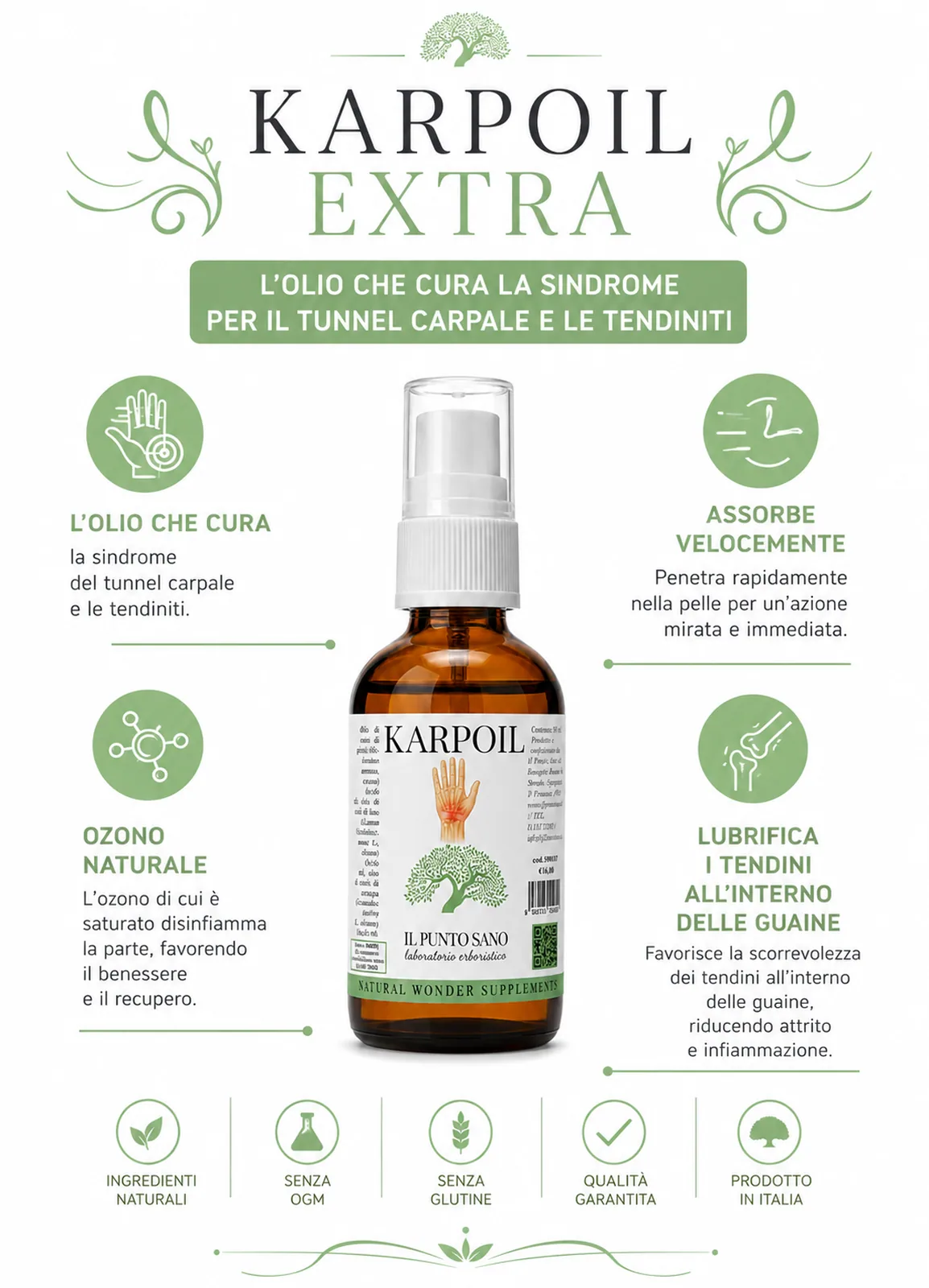 Benefici Karpoil Extra – Olio per mano, polso e tendini Infografica benefici Karpoil Extra Il Punto Sano, olio naturale per applicazione locale su mano, polso e tendini, con oli vegetali e ozono.