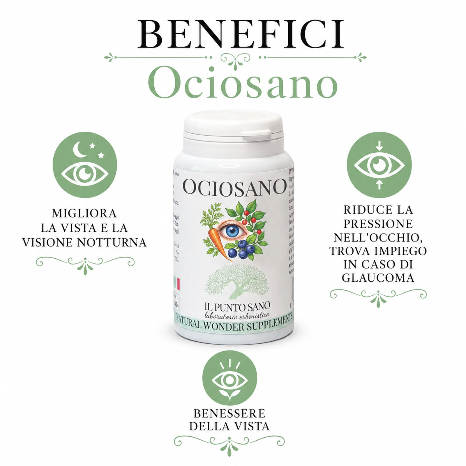 Benefici Ociosano Infografica benefici Ociosano Il Punto Sano con focus su benessere della vista, visione notturna e supporto del microcircolo oculare.
