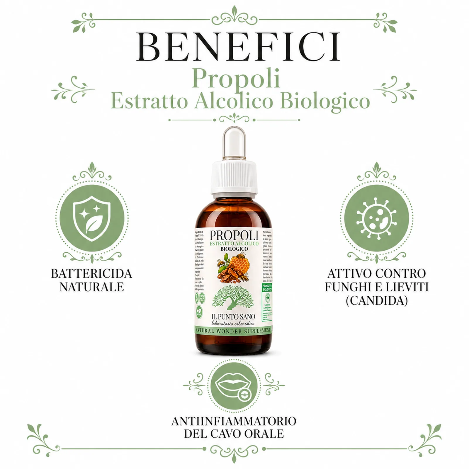 Benefici Propoli Estratto Alcolico Biologico Infografica benefici di Propoli Estratto Alcolico Biologico Il Punto Sano con supporto al benessere del cavo orale, azione tradizionalmente apprezzata per le difese naturali e sostegno in caso di fastidi del cavo orale.