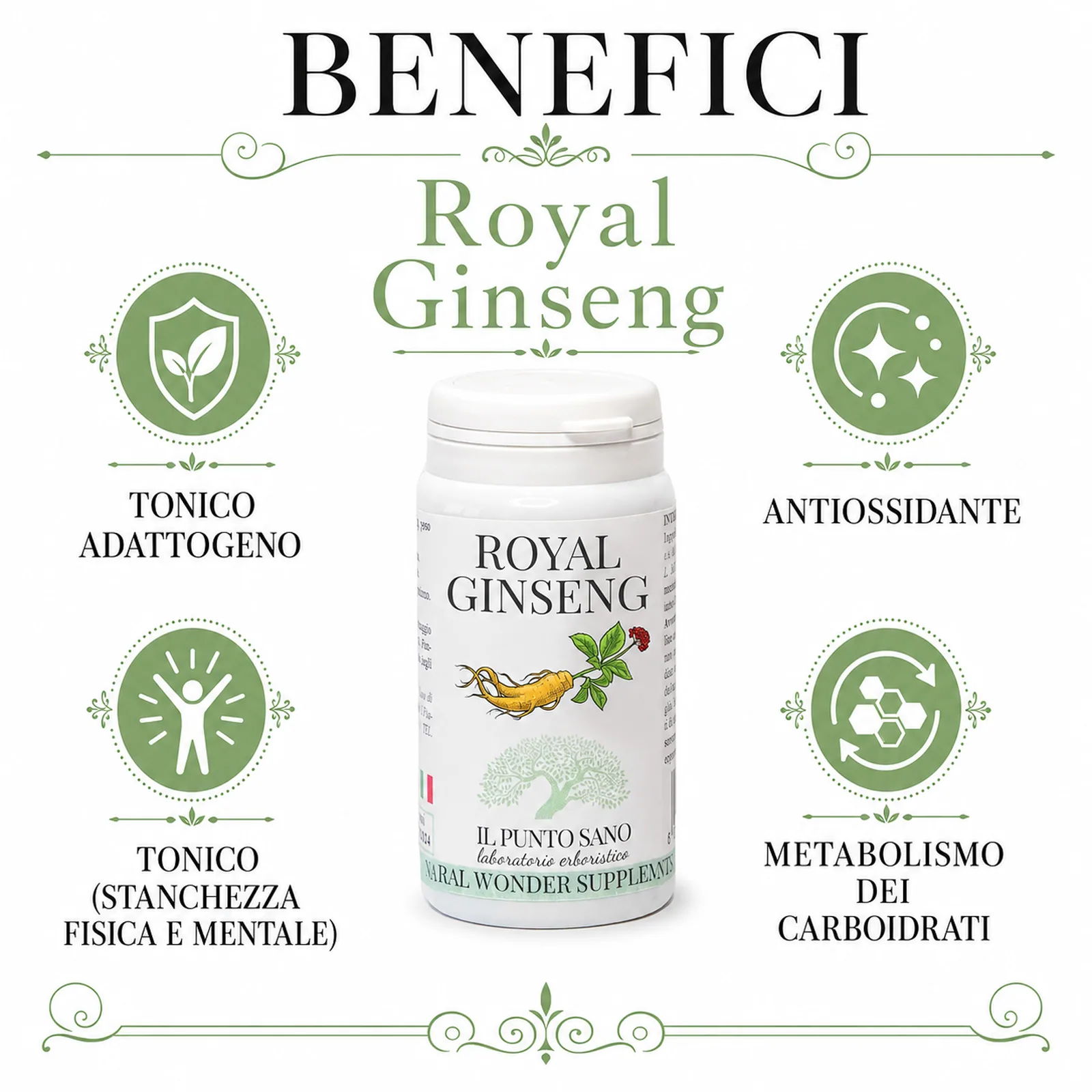 Benefici Royal Ginseng Infografica benefici Royal Ginseng Il Punto Sano con azione tonico-adattogena, antiossidante, supporto contro la stanchezza fisica e mentale e metabolismo dei carboidrati.