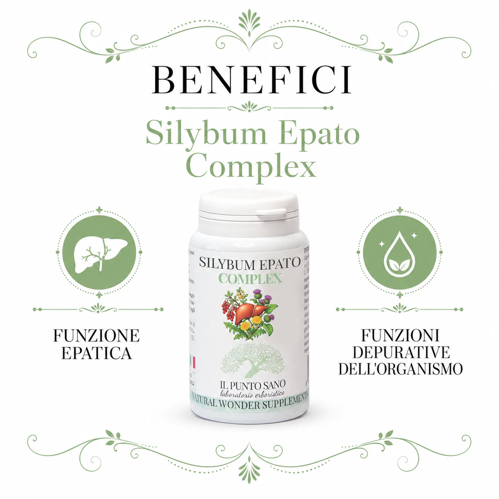 Infografica benefici Silybum Epato Complex Il Punto Sano con supporto della funzione epatica e delle funzioni depurative dell’organismo.