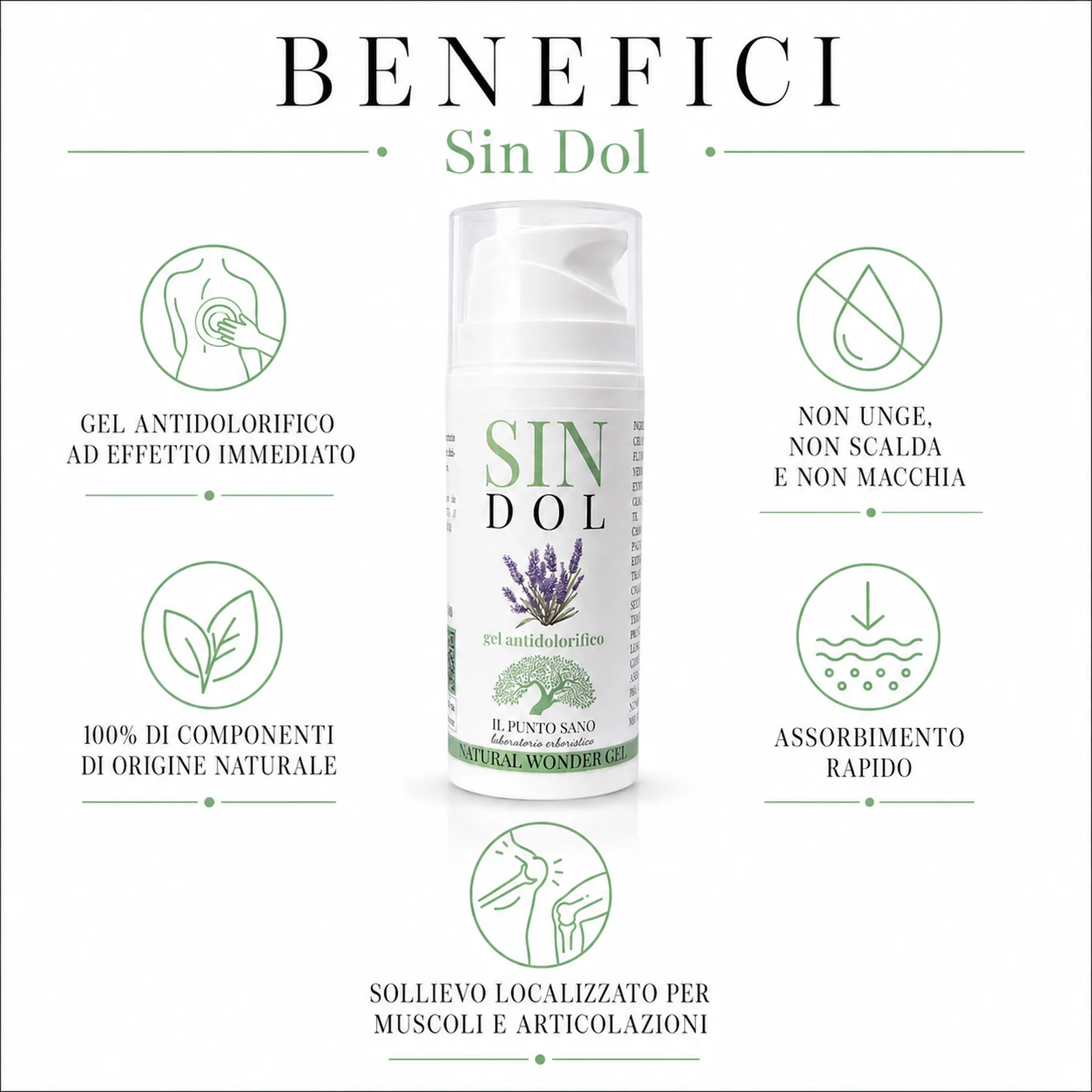 Benefici Sin Dol – Gel per sollievo localizzato Infografica benefici di Sin Dol Il Punto Sano, gel ad uso esterno per massaggio localizzato, formulato con componenti di origine naturale per favorire una sensazione di sollievo su muscoli e articolazioni