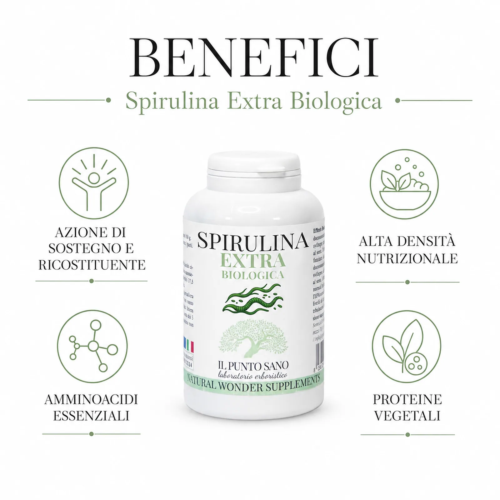 Benefici Spirulina Extra Biologica – Energia e supporto nutrizionale Infografica benefici di Spirulina Extra Biologica Il Punto Sano, integratore alimentare a base di spirulina biologica 100% italiana, fonte vegetale di nutrienti, proteine e aminoacidi essenziali per supportare energia, tono e benessere generale