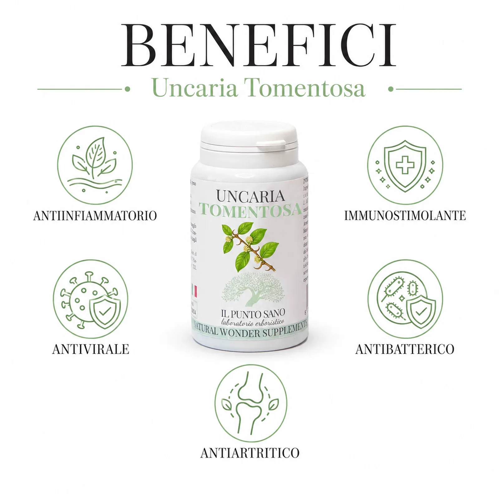 Benefici Uncaria Tomentosa – Naturali difese e funzionalità articolare Infografica benefici di Uncaria Tomentosa Il Punto Sano, integratore alimentare in capsule a base di Uncaria tomentosa pensato per supportare le naturali difese dell’organismo, la funzionalità articolare e il benessere generale