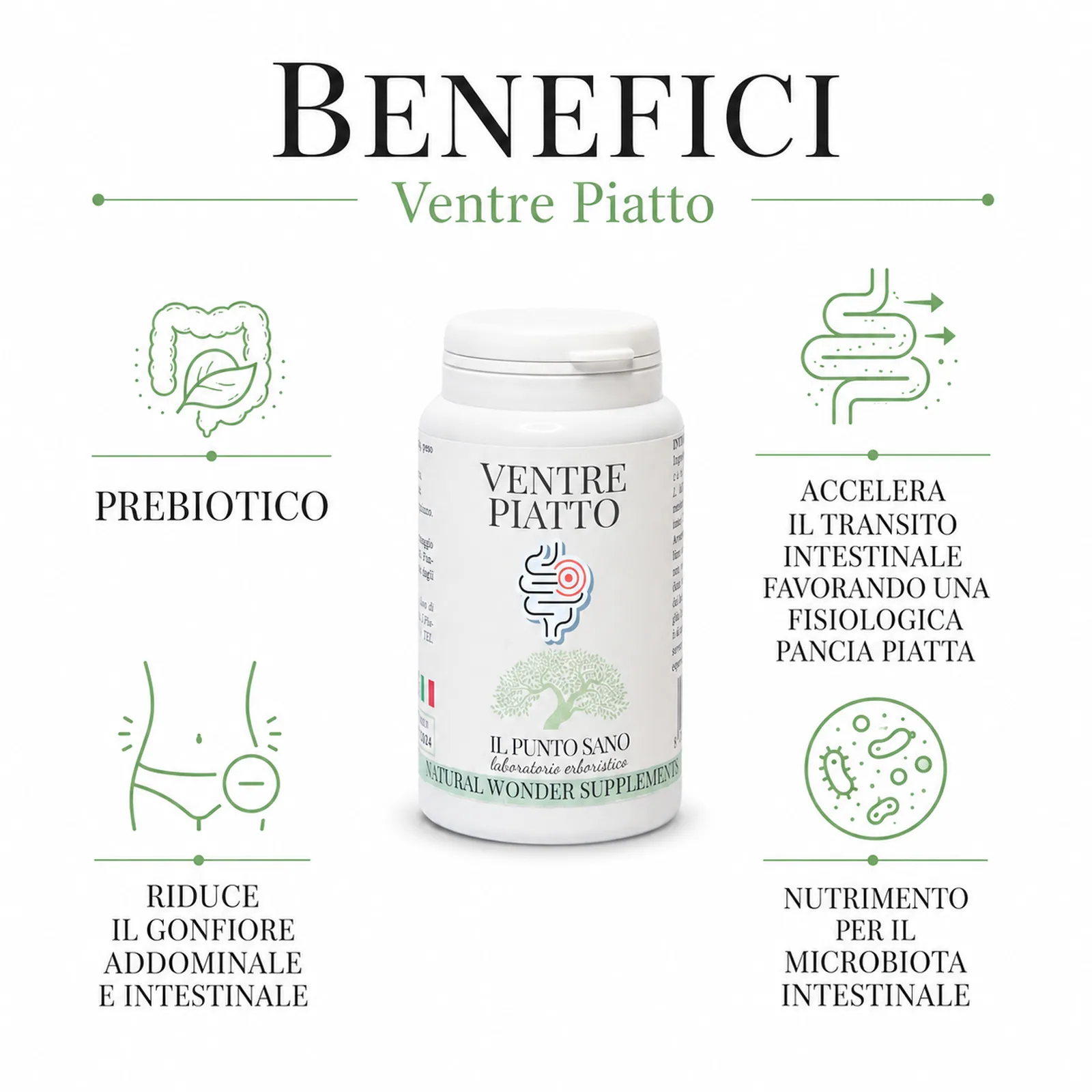 Benefici Ventre Piatto – Prebiotico per microbiota e leggerezza addominale Infografica benefici di Ventre Piatto Il Punto Sano, integratore alimentare con FOS prebiotici pensato per nutrire il microbiota intestinale, favorire il benessere intestinale, l’equilibrio digestivo e una piacevole sensazione di leggerezza addominale