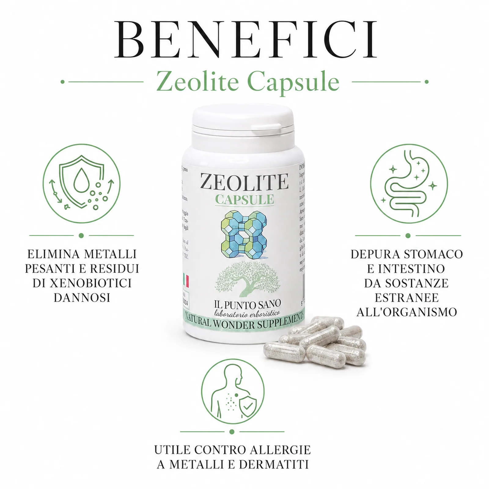 Benefici Zeolite Capsule – Il Punto Sano Infografica benefici Zeolite Capsule Il Punto Sano con zeolite micronizzata in capsule vegetali