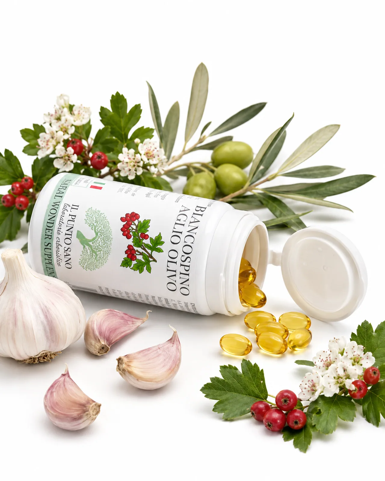 biancospino-aglio-olivo-perle-presentazione Biancospino Aglio Olivo Il Punto Sano con perle oleose, aglio fresco, biancospino e rami di olivo