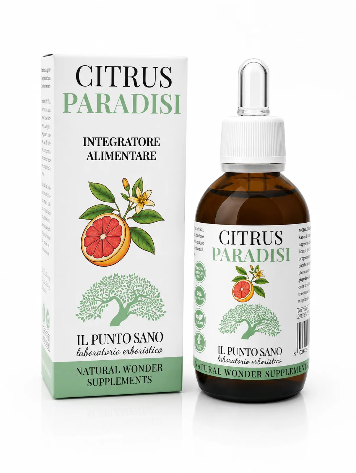 Citrus Paradisi – Flacone con confezione Citrus Paradisi Il Punto Sano con flacone contagocce e confezione astucciata