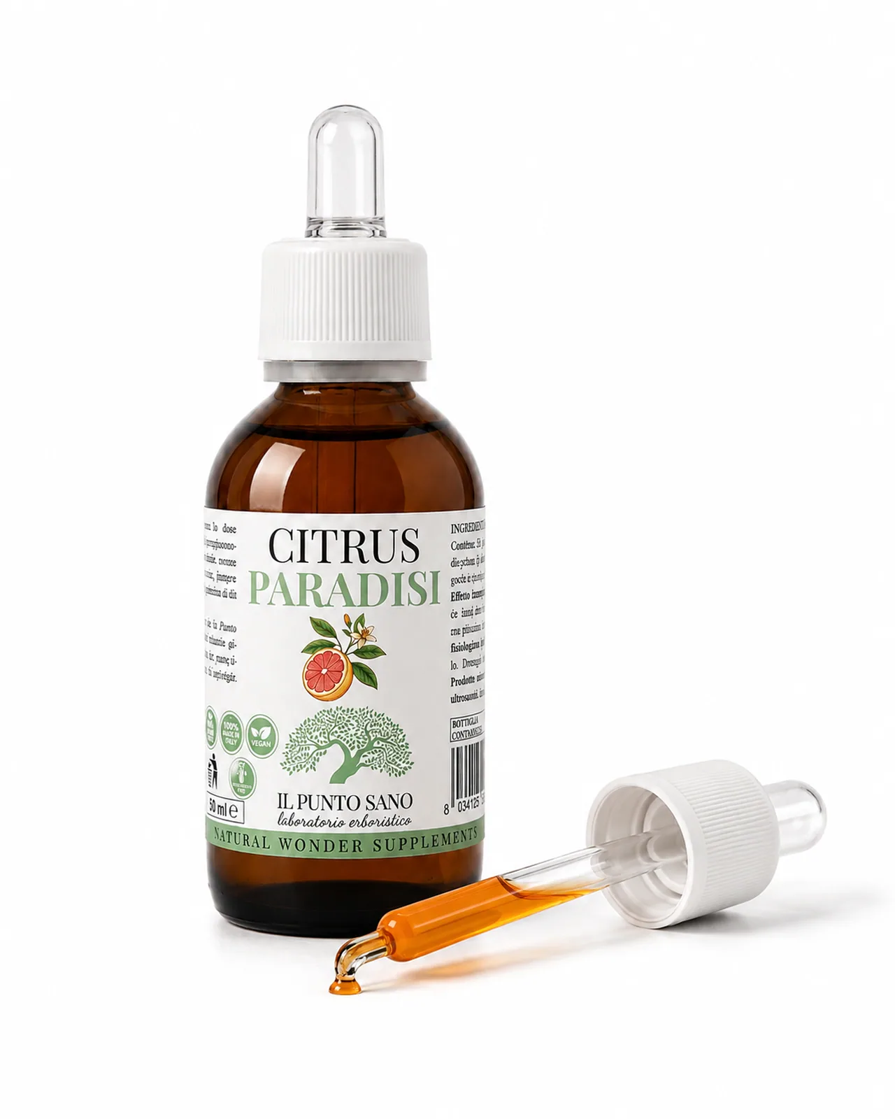 Citrus Paradisi – Flacone con pipetta Citrus Paradisi Il Punto Sano con pipetta contagocce e liquido arancione