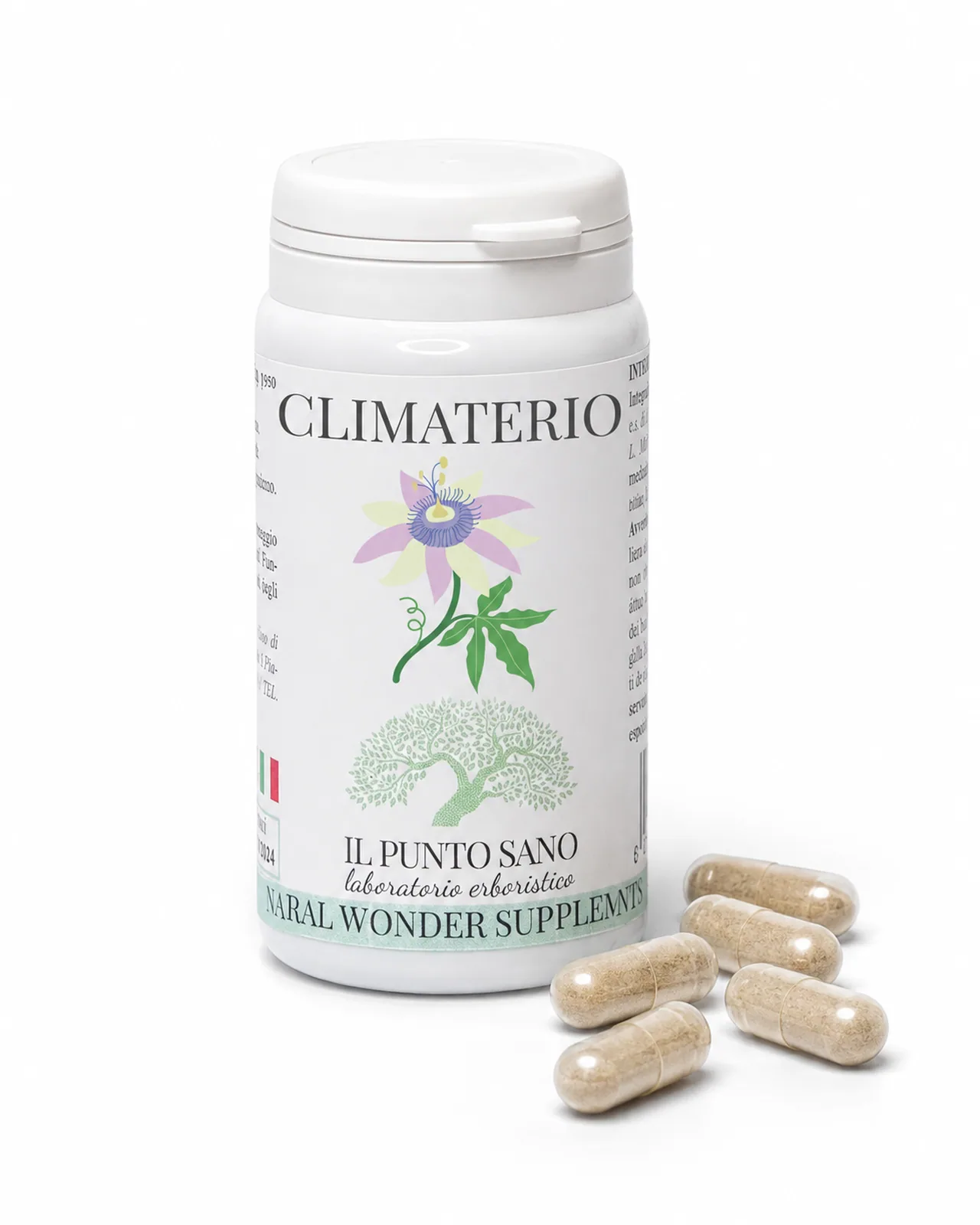 Climaterio con Capsule – Il Punto Sano Flacone di Climaterio Il Punto Sano con capsule vegetali, integratore naturale per il benessere femminile e il supporto nel climaterio