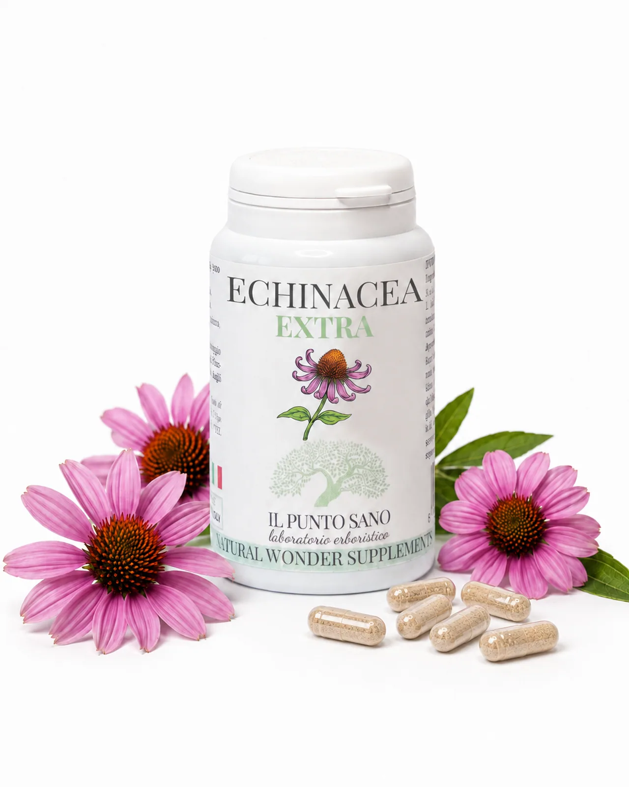 Echinacea Extra con fiori e capsule Echinacea Extra Il Punto Sano con fiori di echinacea e capsule, integratore naturale per il supporto delle difese dell’organismo