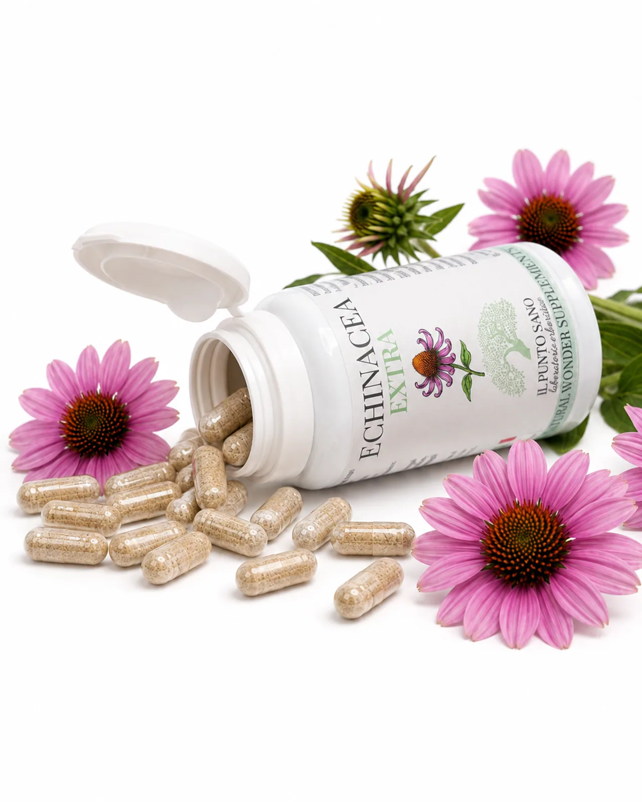 Echinacea Extra flacone coricato con capsule Echinacea Extra Il Punto Sano con flacone coricato, capsule e fiori di echinacea, integratore per naturali difese e benessere stagionale