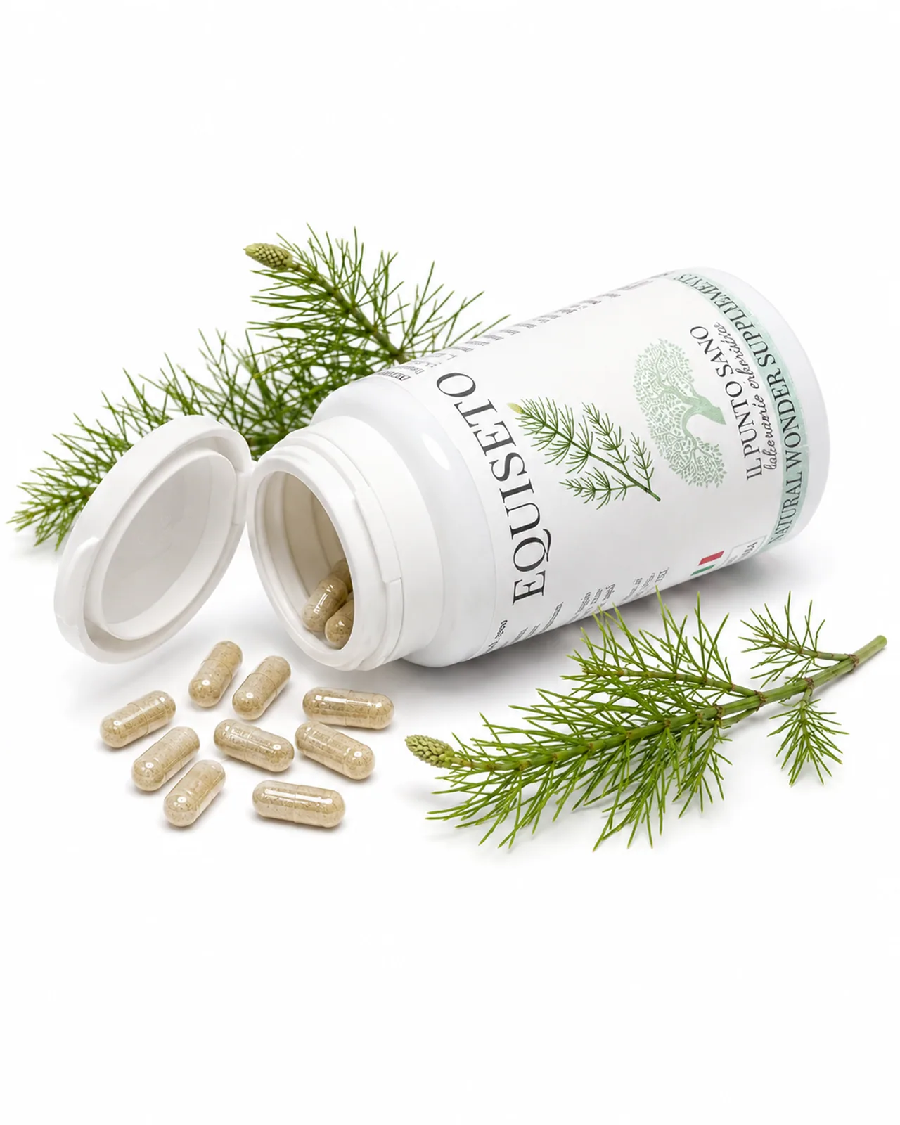 Equiseto in capsule – Flacone aperto con pianta officinale Flacone aperto di Equiseto Il Punto Sano con capsule vegetali e rametti di equiseto, immagine prodotto naturale per integratore in capsule.