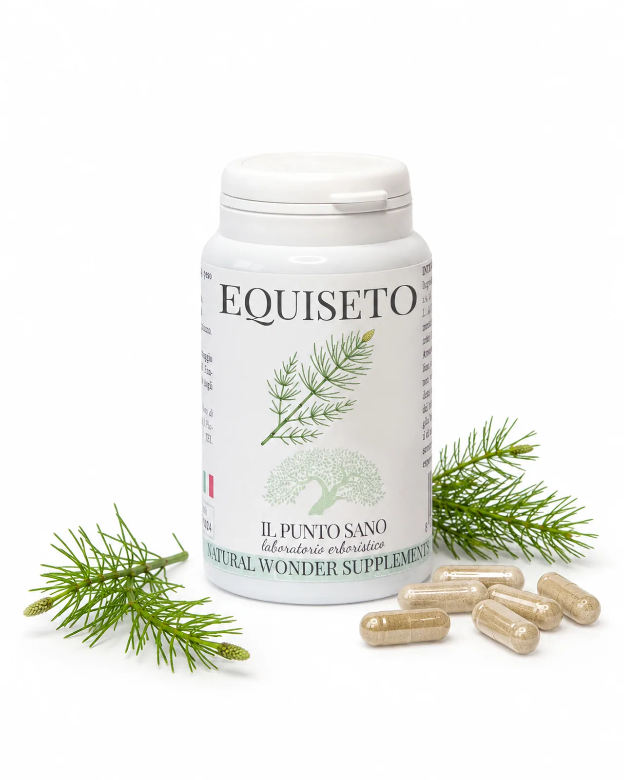 Equiseto – Integratore naturale in capsule | Il Punto Sano Integratore Equiseto Il Punto Sano con capsule vegetali e pianta di equiseto, formulato per supportare drenaggio, tessuto connettivo, capelli e unghie.
