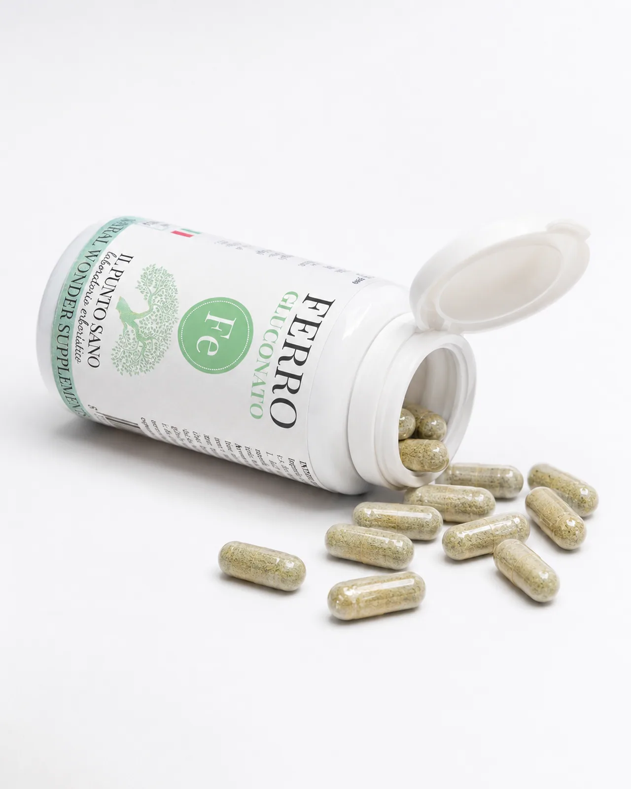 Ferro Gluconato in capsule – Flacone aperto Flacone aperto di Ferro Gluconato Il Punto Sano con capsule vegetali, integratore alimentare a base di ferro gluconato e lievito di birra.