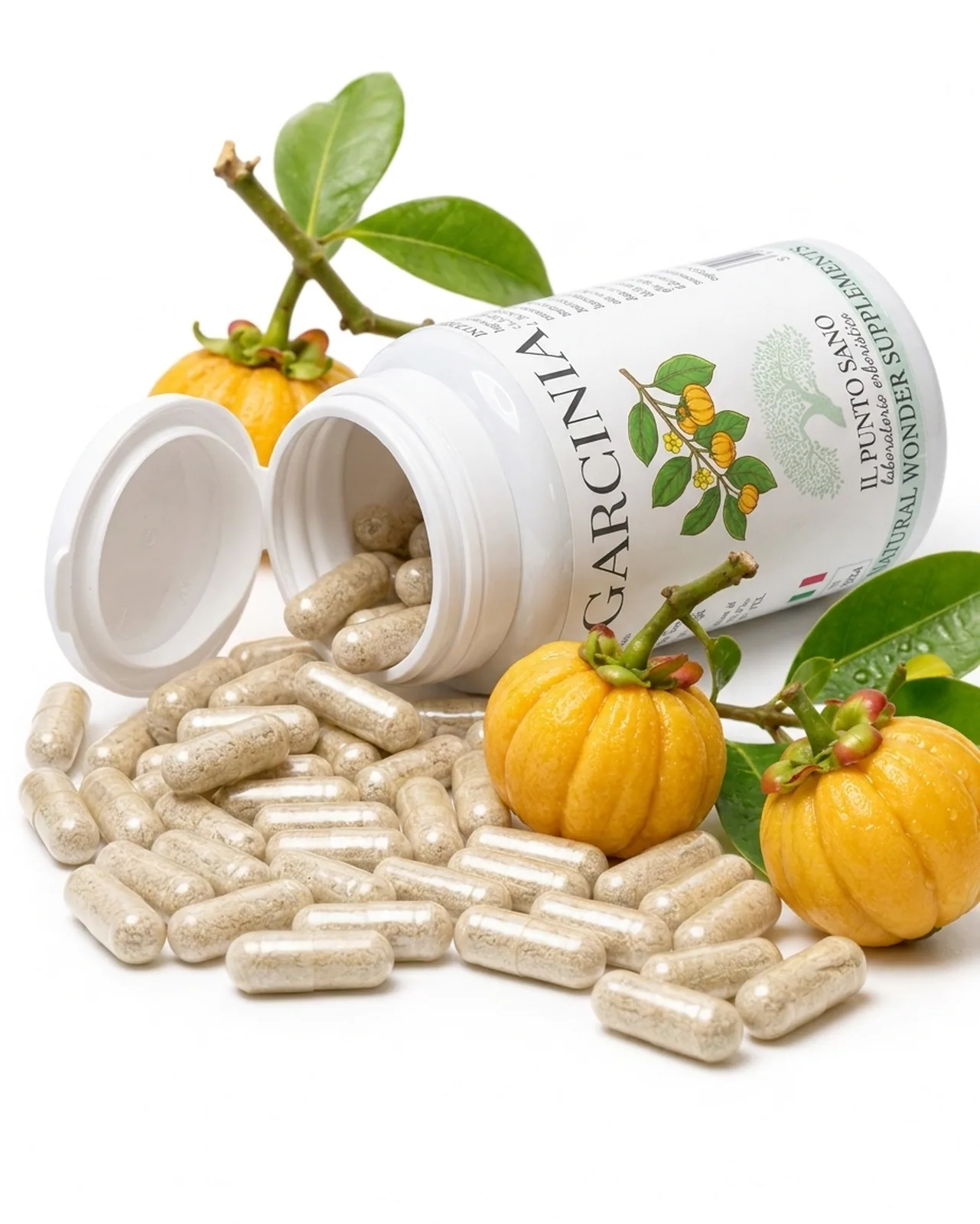 Garcinia Cambogia con capsule e frutti | Il Punto Sano Garcinia Il Punto Sano con flacone coricato, capsule vegetali e frutti di Garcinia cambogia, integratore con estratto titolato in HCA per metabolismo dei grassi e controllo del senso di fame.