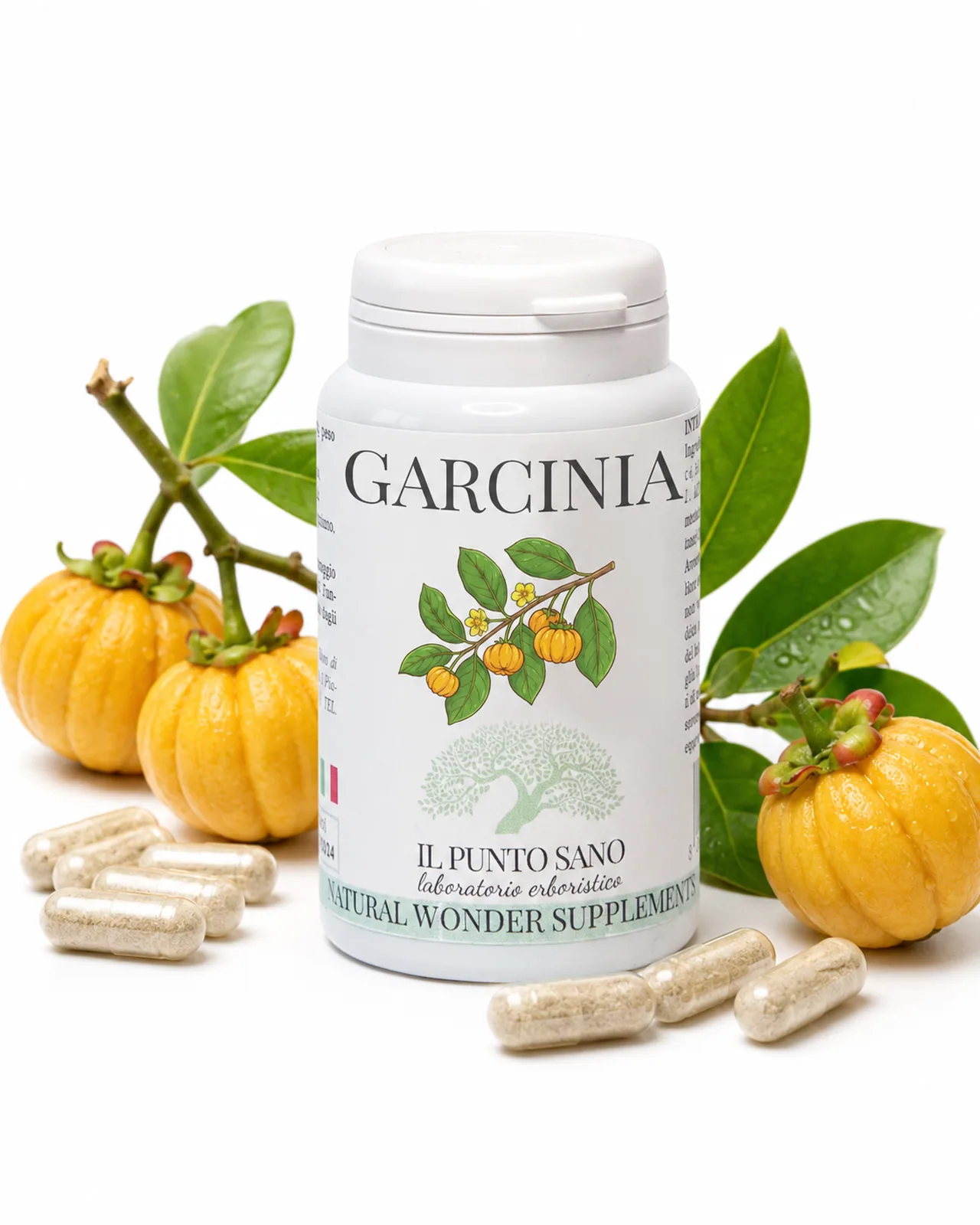 Garcinia con frutto e capsule vegetali Garcinia Il Punto Sano con capsule vegetali e frutti di Garcinia cambogia, integratore per metabolismo dei grassi ed equilibrio del peso corporeo.