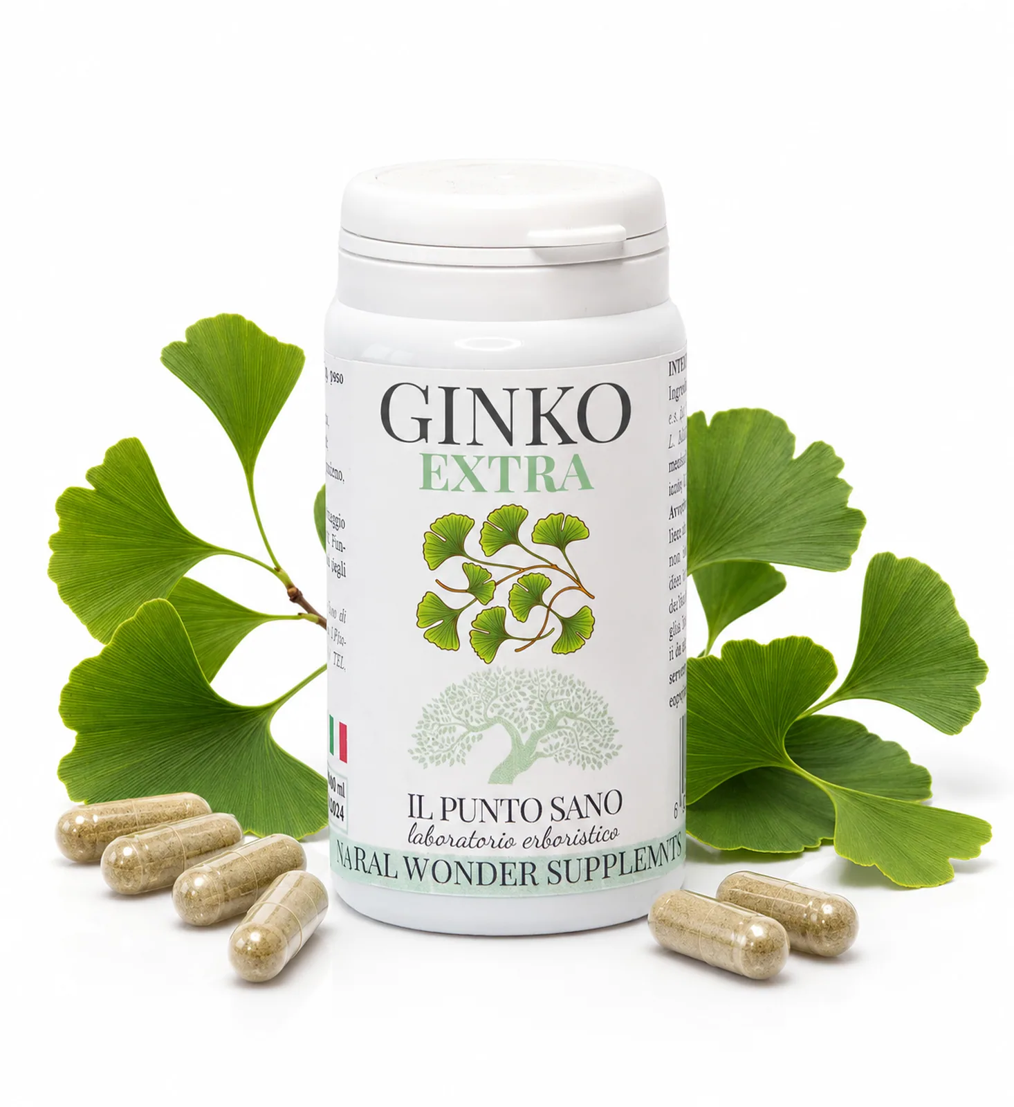 Ginko Extra con foglie di Ginkgo Ginko Extra Il Punto Sano con capsule e foglie di Ginkgo biloba in composizione naturale su sfondo chiaro.