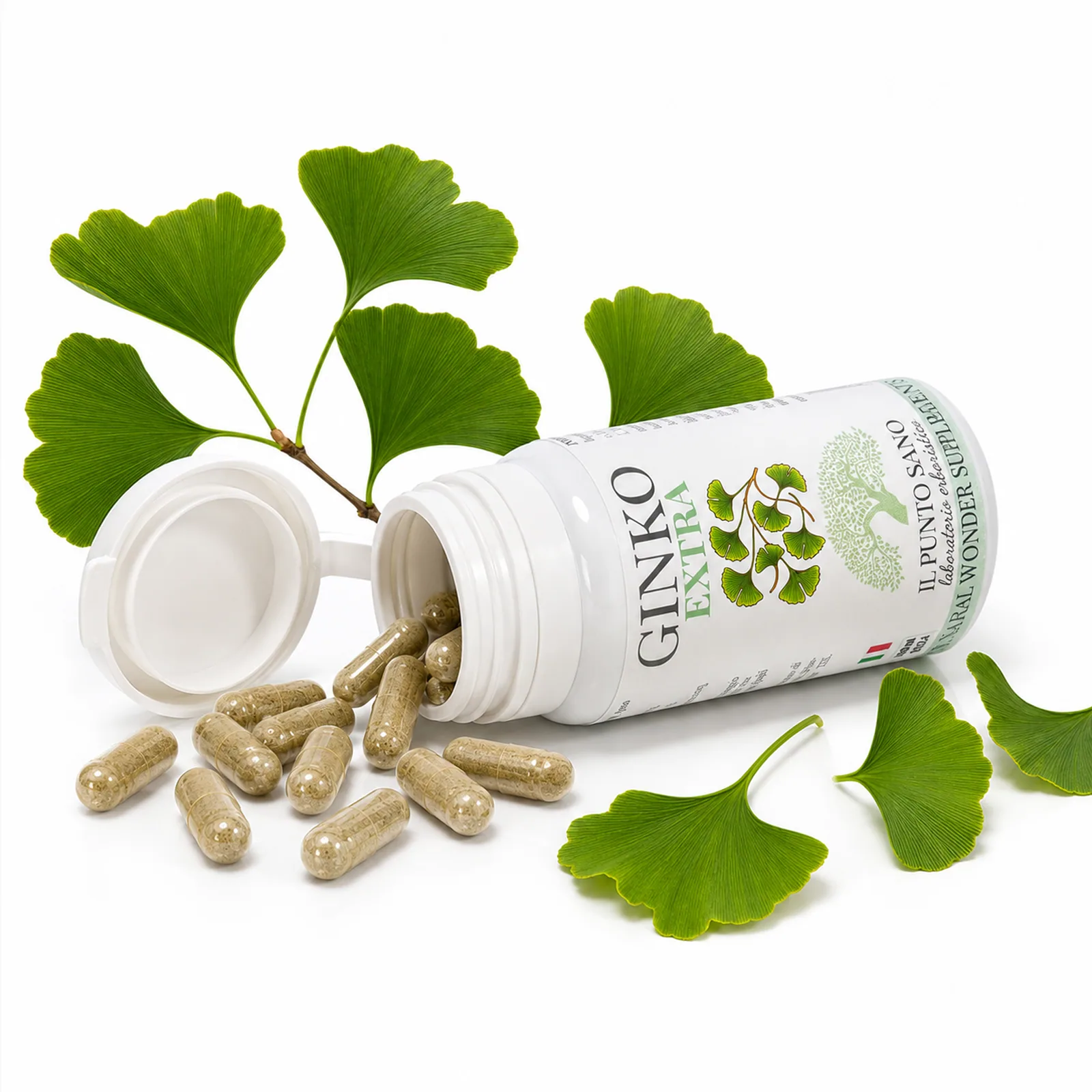 Ginko Extra aperto con capsule e foglie Ginko Extra Il Punto Sano con flacone aperto, capsule visibili e foglie di Ginkgo biloba su sfondo chiaro.