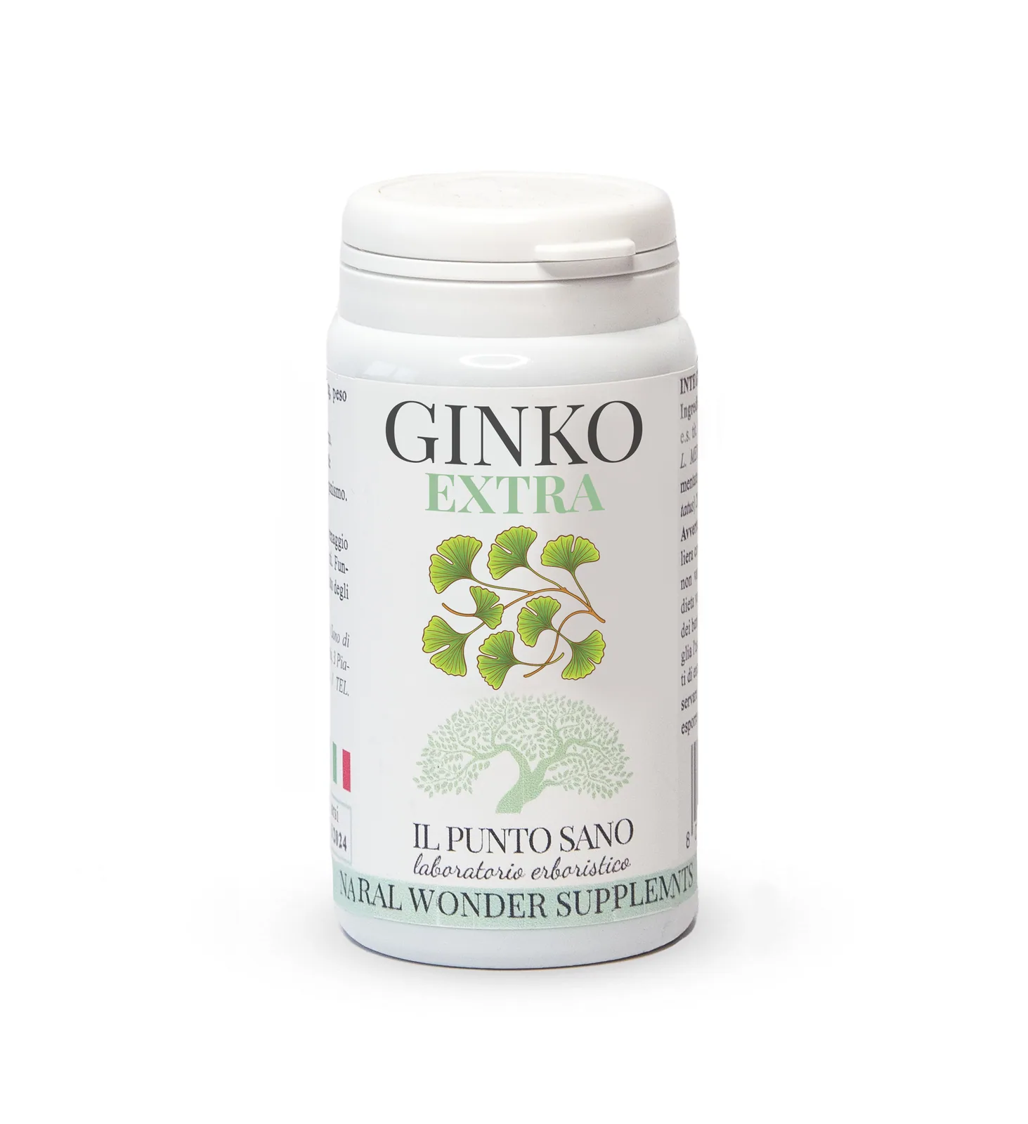 Ginko Extra | Integratore a base di Ginkgo biloba Ginko Extra Il Punto Sano, integratore alimentare a base di Ginkgo biloba in flacone bianco su sfondo chiaro.