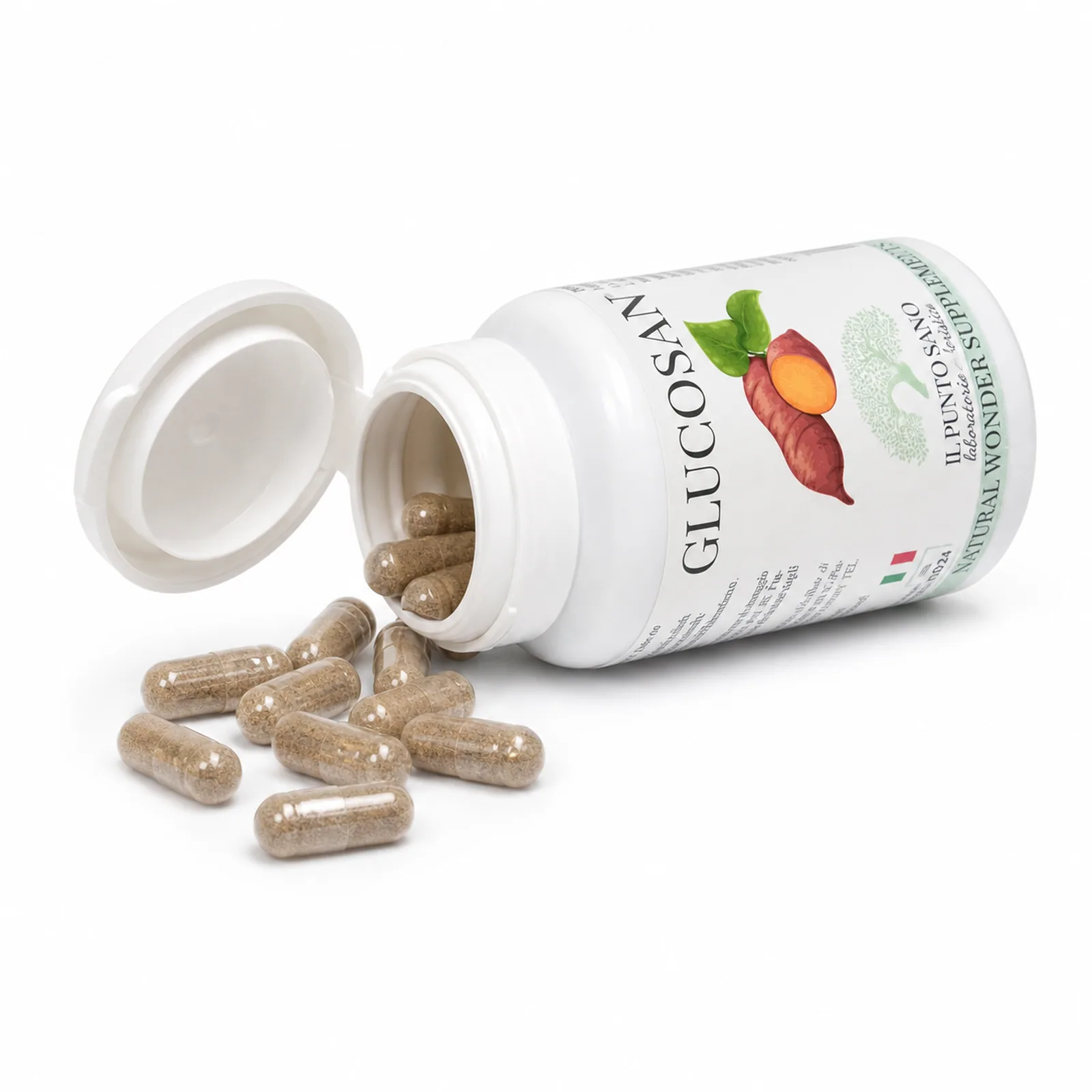 Glucosan – Flacone aperto con capsule vegetali Glucosan Il Punto Sano con flacone aperto e capsule vegetali, integratore alimentare formulato per supportare il metabolismo del glucosio, dei carboidrati e dei lipidi e l’equilibrio metabolico quotidiano