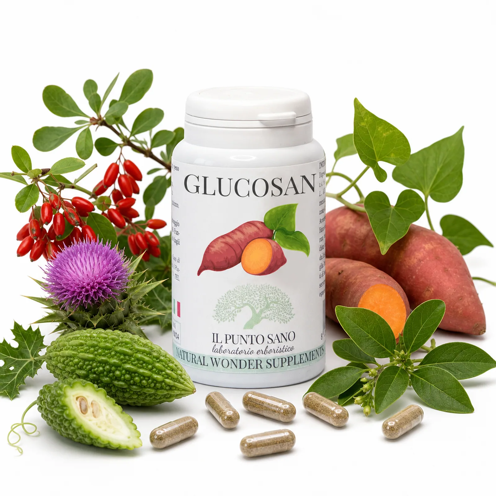 Glucosan – Ingredienti naturali per metabolismo ed equilibrio glicemico Glucosan Il Punto Sano con ingredienti naturali della formula, tra cui Berberis, Gymnema, Momordica, Ipomea e Cardo mariano, integratore alimentare in capsule vegetali per supportare il metabolismo del glucosio, dei carboidrati e dei lipidi