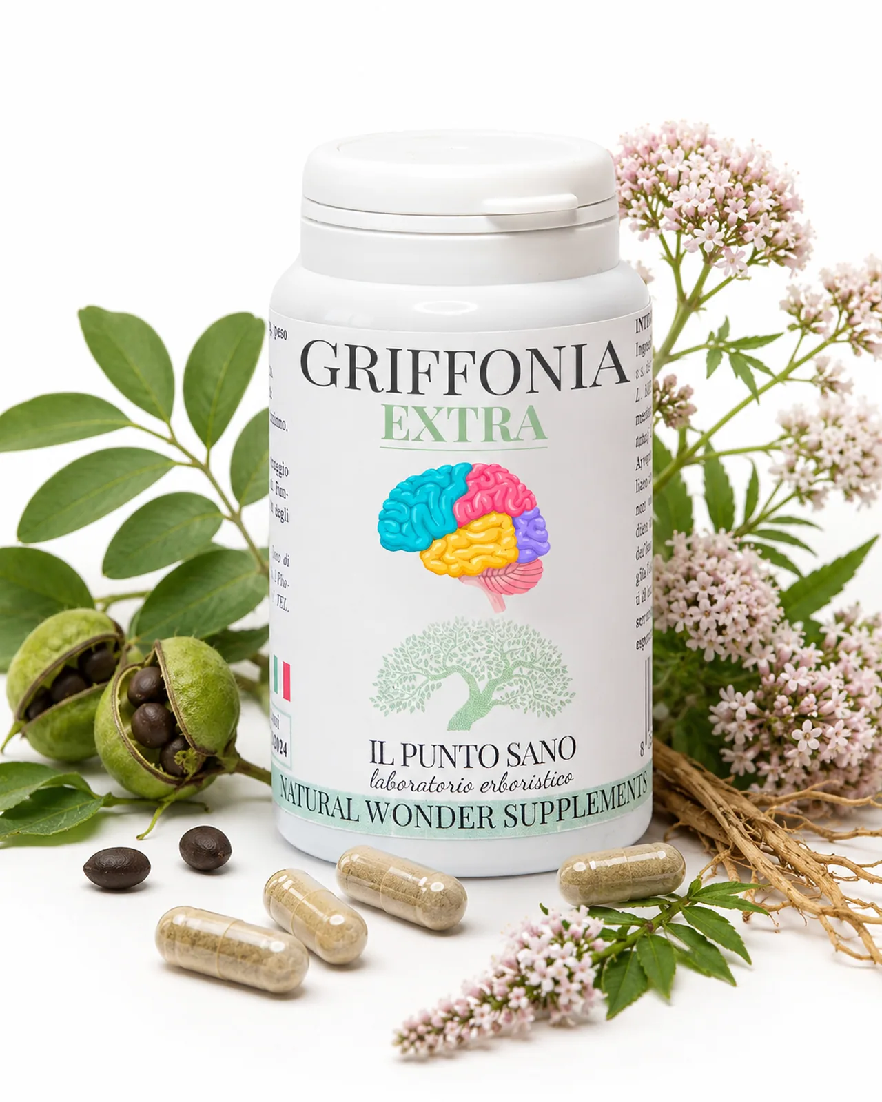 Griffonia Extra con Griffonia e Valeriana Griffonia Extra Il Punto Sano con capsule, semi di Griffonia, radici e fiori di Valeriana in composizione naturale su sfondo chiaro.