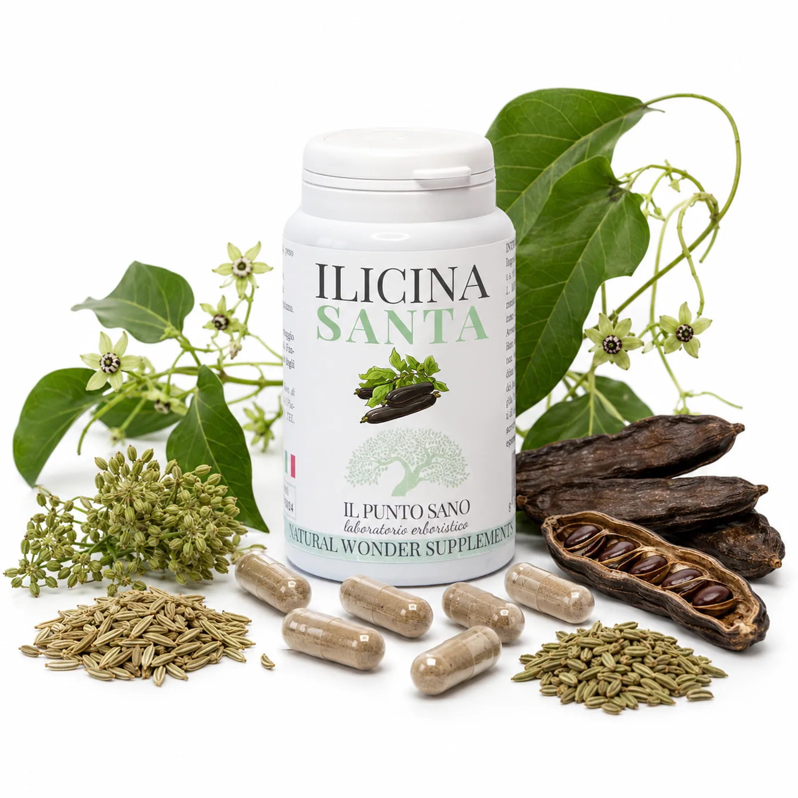 Ilicina Santa – Integratore naturale per il benessere digestivo Ilicina Santa Il Punto Sano con capsule vegetali, carruba, anice, finocchio e Marsdenia condurango in composizione botanica per supportare la funzionalità digestiva e il benessere gastroesofageo.