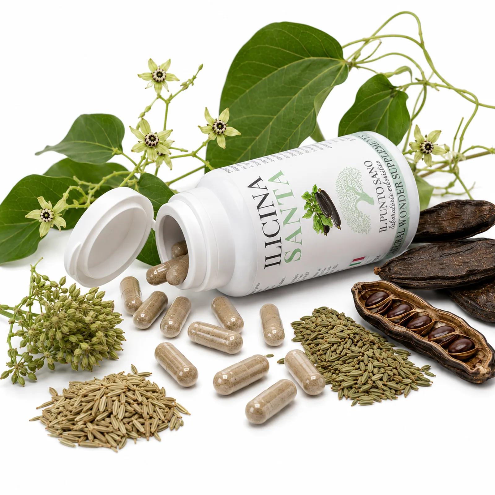 Ilicina Santa – Flacone aperto con capsule e ingredienti botanici Ilicina Santa Il Punto Sano con flacone coricato, tappo aperto, capsule vegetali, carruba, anice, finocchio e condurango per il supporto della digestione e della motilità gastrointestinale.
