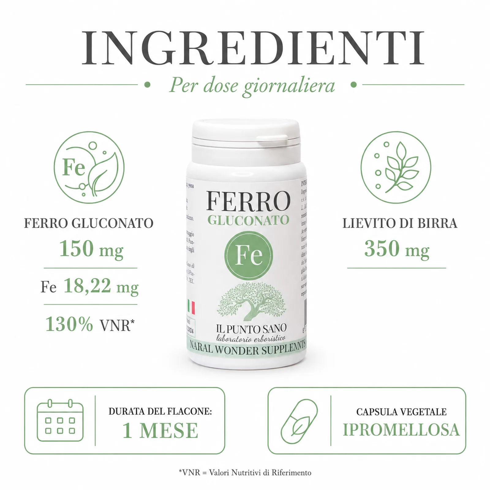 Ingredienti Ferro Gluconato – Ferro 130% VNR e lievito di birra Infografica ingredienti Ferro Gluconato Il Punto Sano con ferro gluconato 150 mg, ferro 18,22 mg pari al 130% VNR, lievito di birra 350 mg e capsula vegetale in ipromellosa.