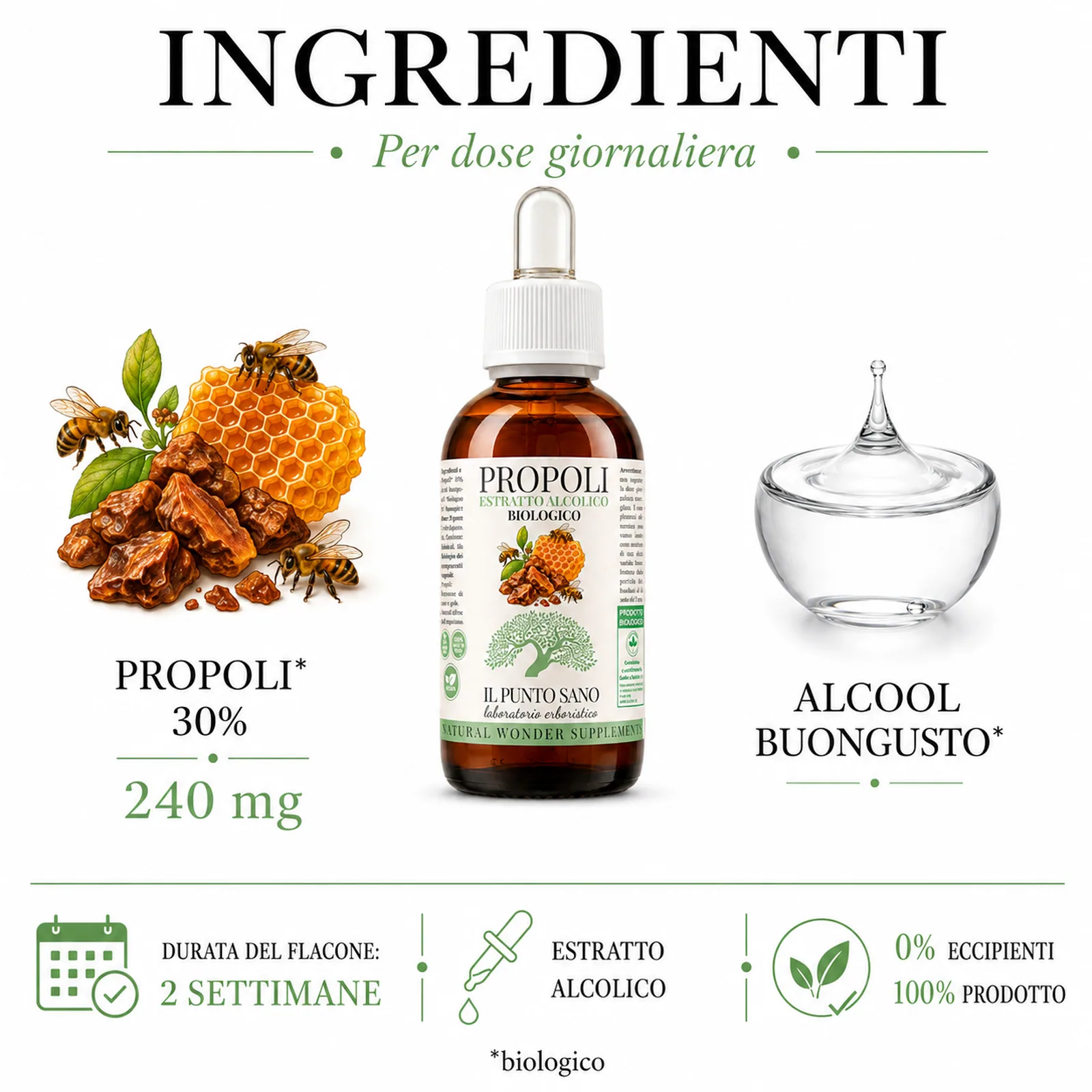 Ingredienti Propoli Estratto Alcolico Biologico Infografica ingredienti di Propoli Estratto Alcolico Biologico Il Punto Sano con propoli biologica 30% pari a 240 mg, alcool buongusto biologico, durata flacone 2 settimane, estratto alcolico e 0% eccipienti 100% prodotto.