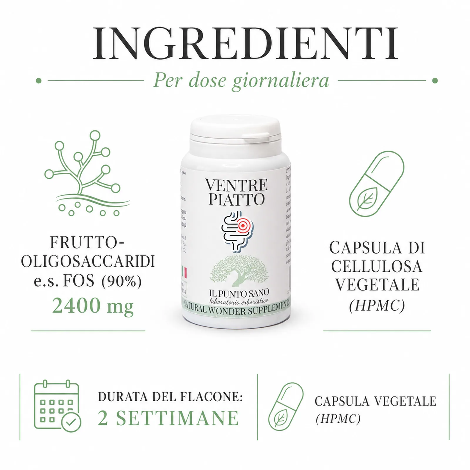 Ingredienti Ventre Piatto – FOS prebiotici per benessere intestinale Infografica ingredienti di Ventre Piatto Il Punto Sano con frutto-oligosaccaridi FOS 90% 2400 mg per dose giornaliera, capsule vegetali HPMC e durata del flacone di 2 settimane, integratore alimentare pensato per favorire benessere intestinale, equilibrio digestivo e leggerezza addominale