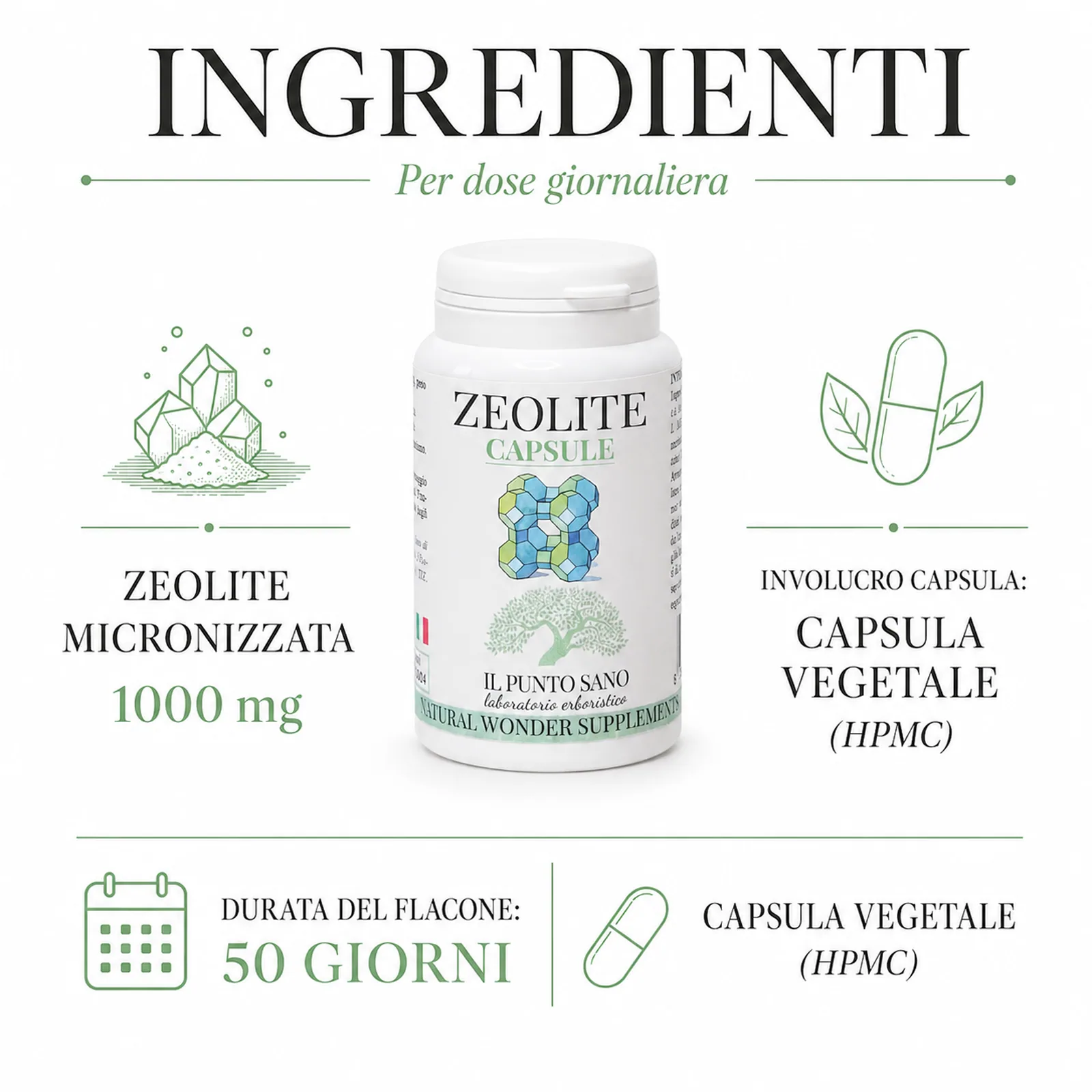 Ingredienti Zeolite Capsule – Il Punto Sano Infografica ingredienti Zeolite Capsule Il Punto Sano con zeolite micronizzata 1000 mg e capsula vegetale HPMC