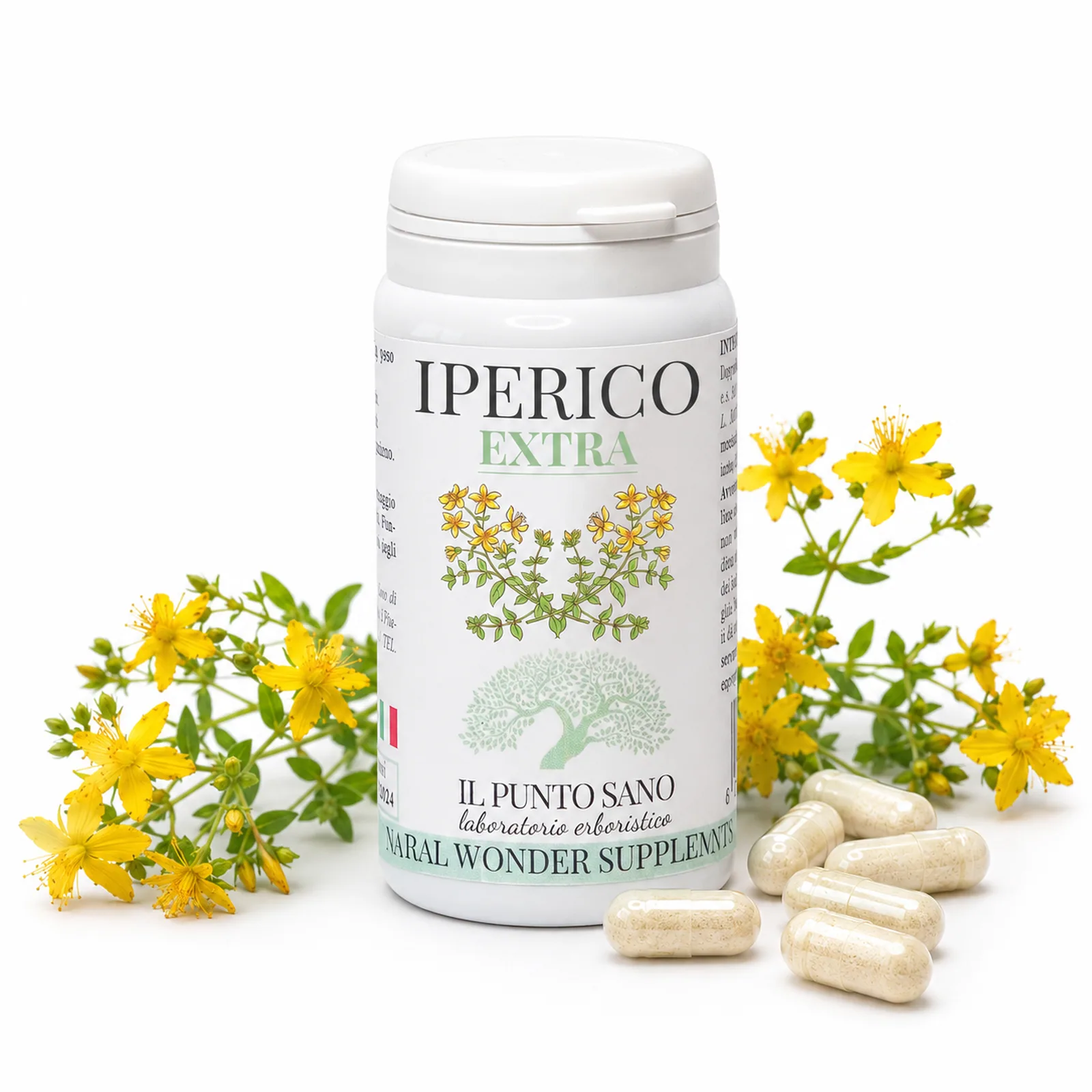 Iperico Extra Il Punto Sano con capsule vegetali e fiori di iperico in composizione botanica, per comunicare un supporto naturale al tono dell’umore, al rilassamento e al benessere mentale.